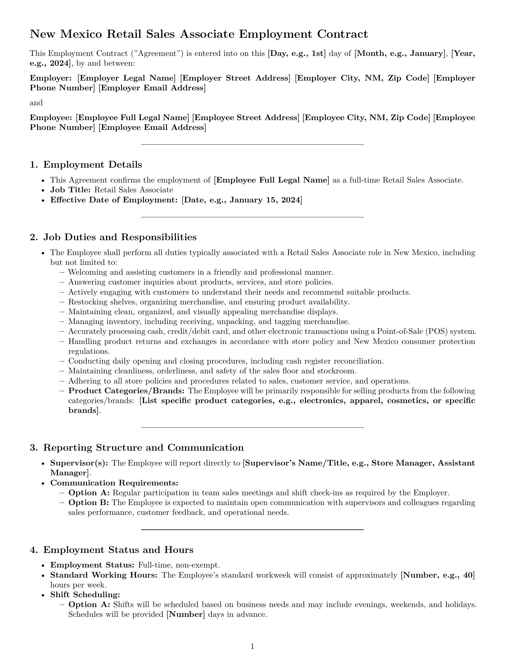 Preview page 1 of Pro New Mexico retail sales associate employment contract template