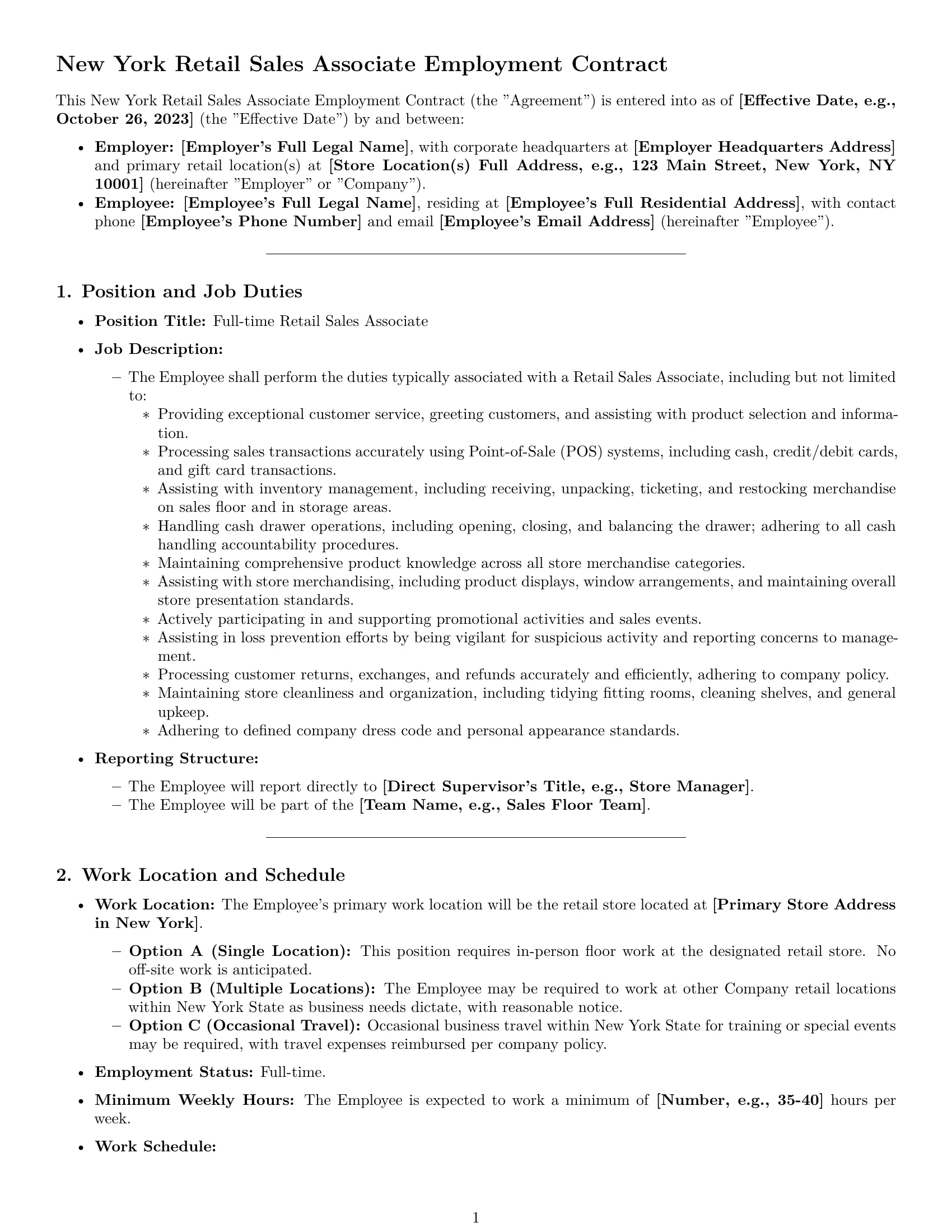 Preview page 1 of Pro New York retail sales associate employment contract template