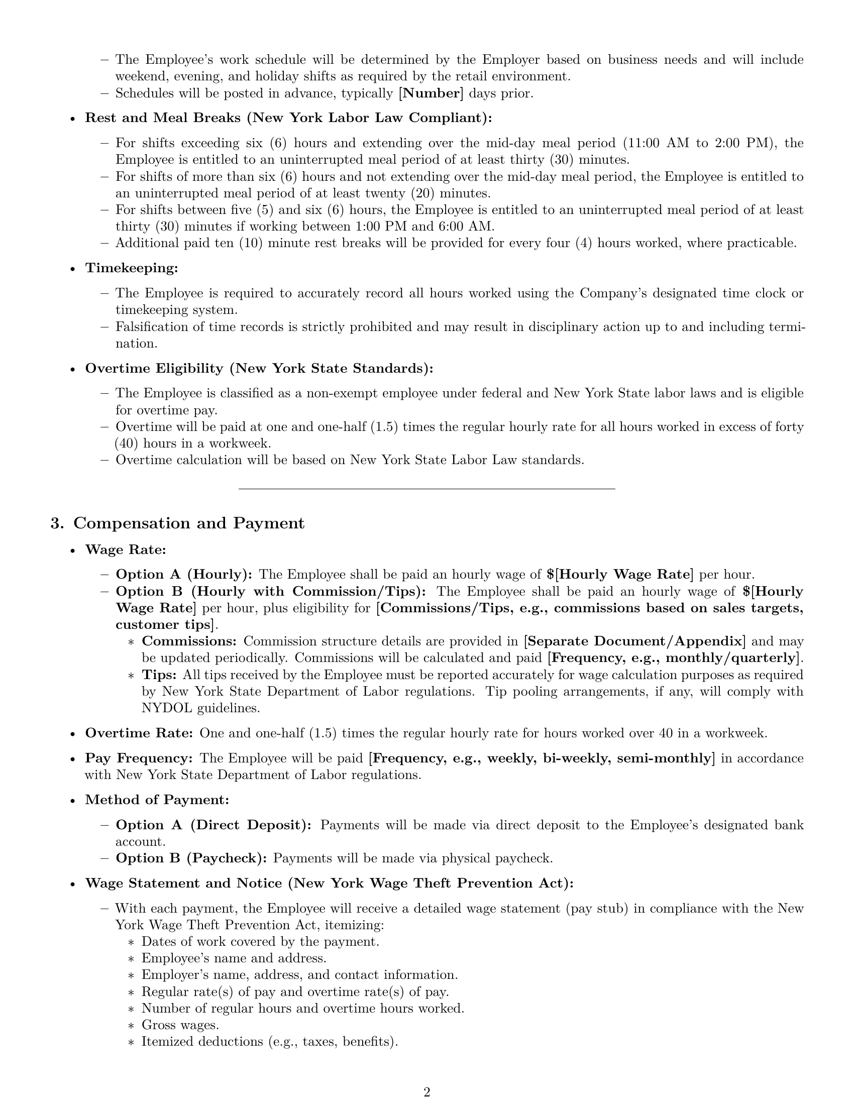 Preview page 2 of Pro New York retail sales associate employment contract template