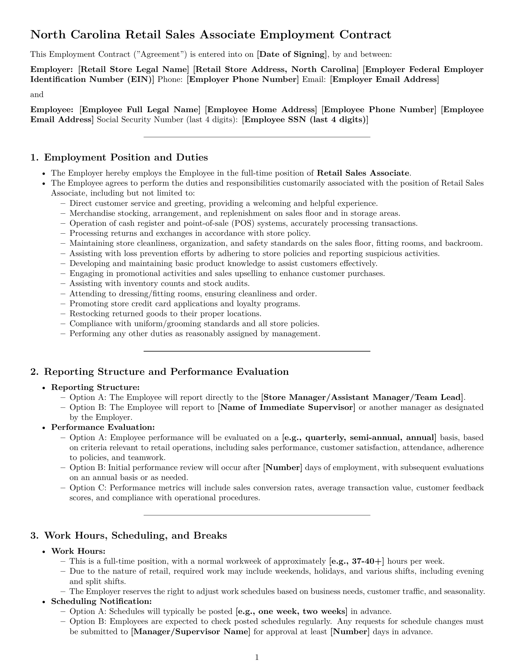 Preview page 1 of Pro North Carolina retail sales associate employment contract template