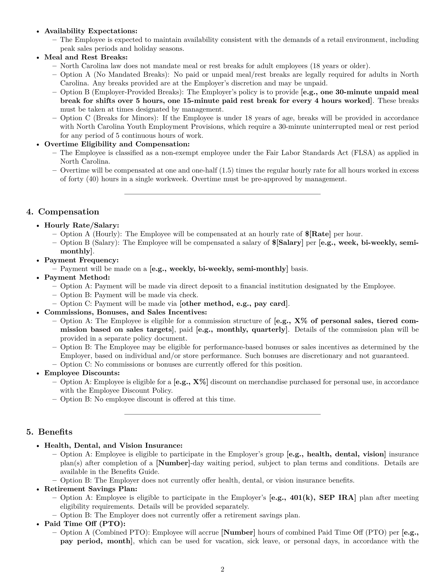 Preview page 2 of Pro North Carolina retail sales associate employment contract template