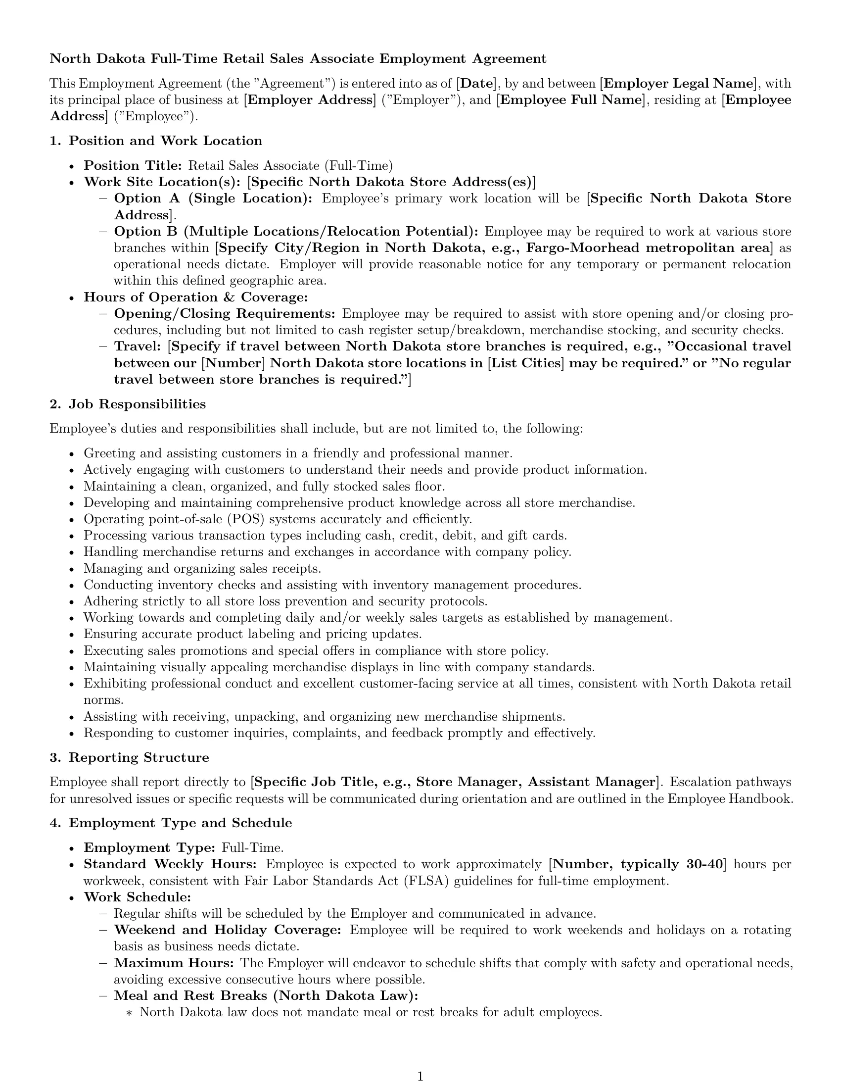 Preview page 1 of Pro North Dakota retail sales associate employment contract template