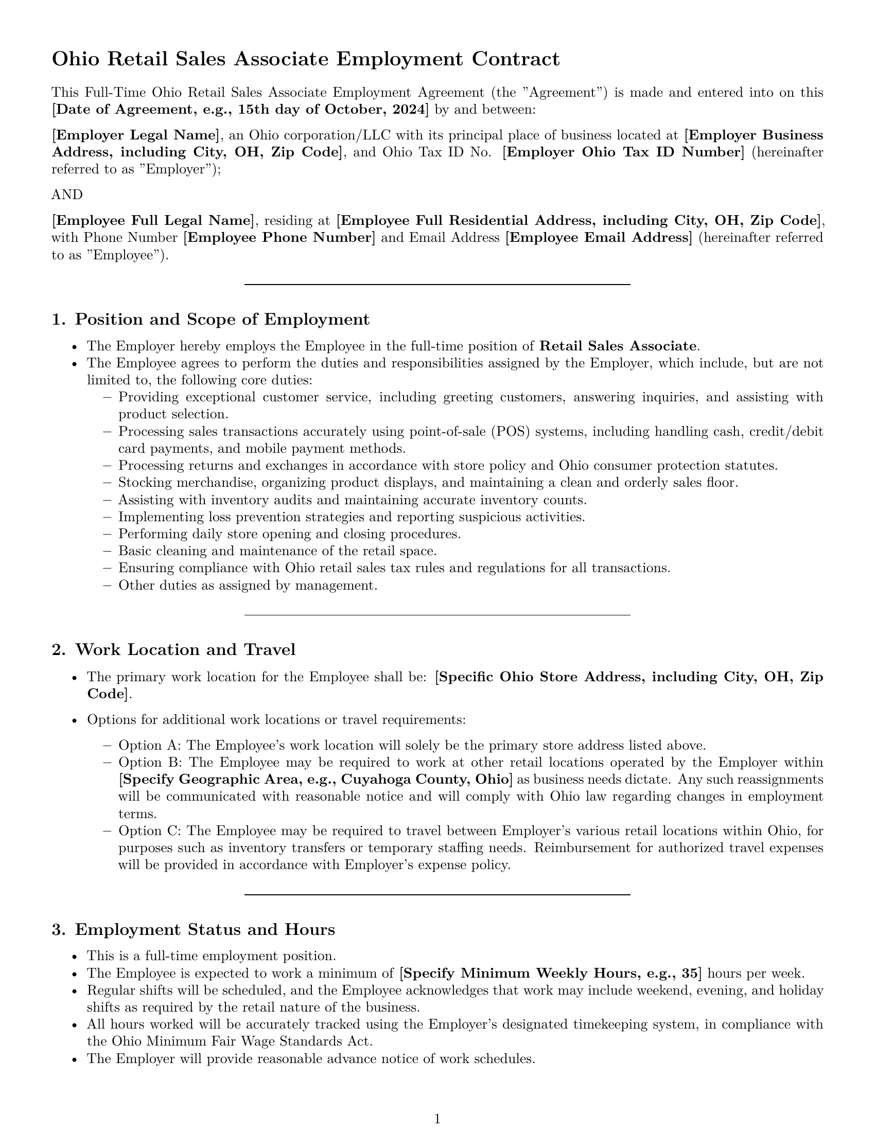 Preview page 1 of Pro Ohio retail sales associate employment contract template