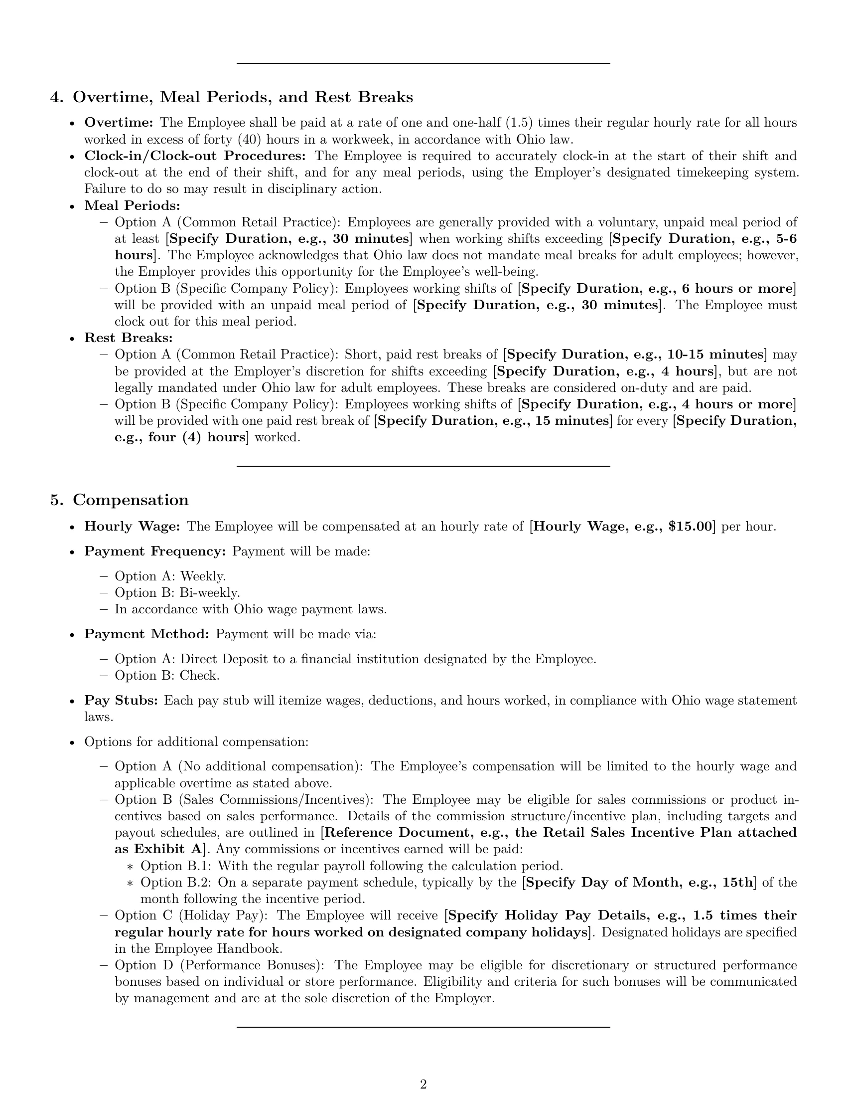 Preview page 2 of Pro Ohio retail sales associate employment contract template