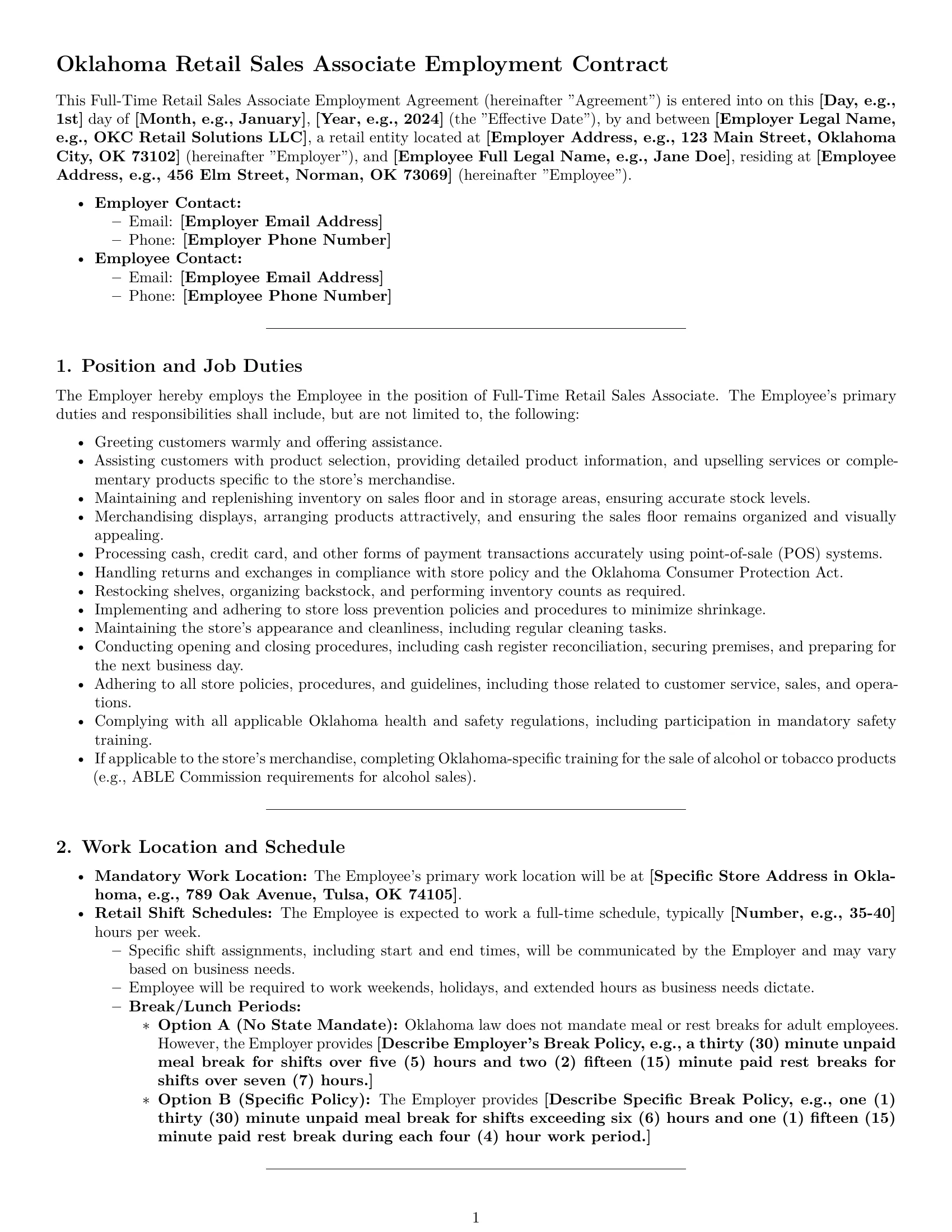 Preview page 1 of Pro Oklahoma retail sales associate employment contract template