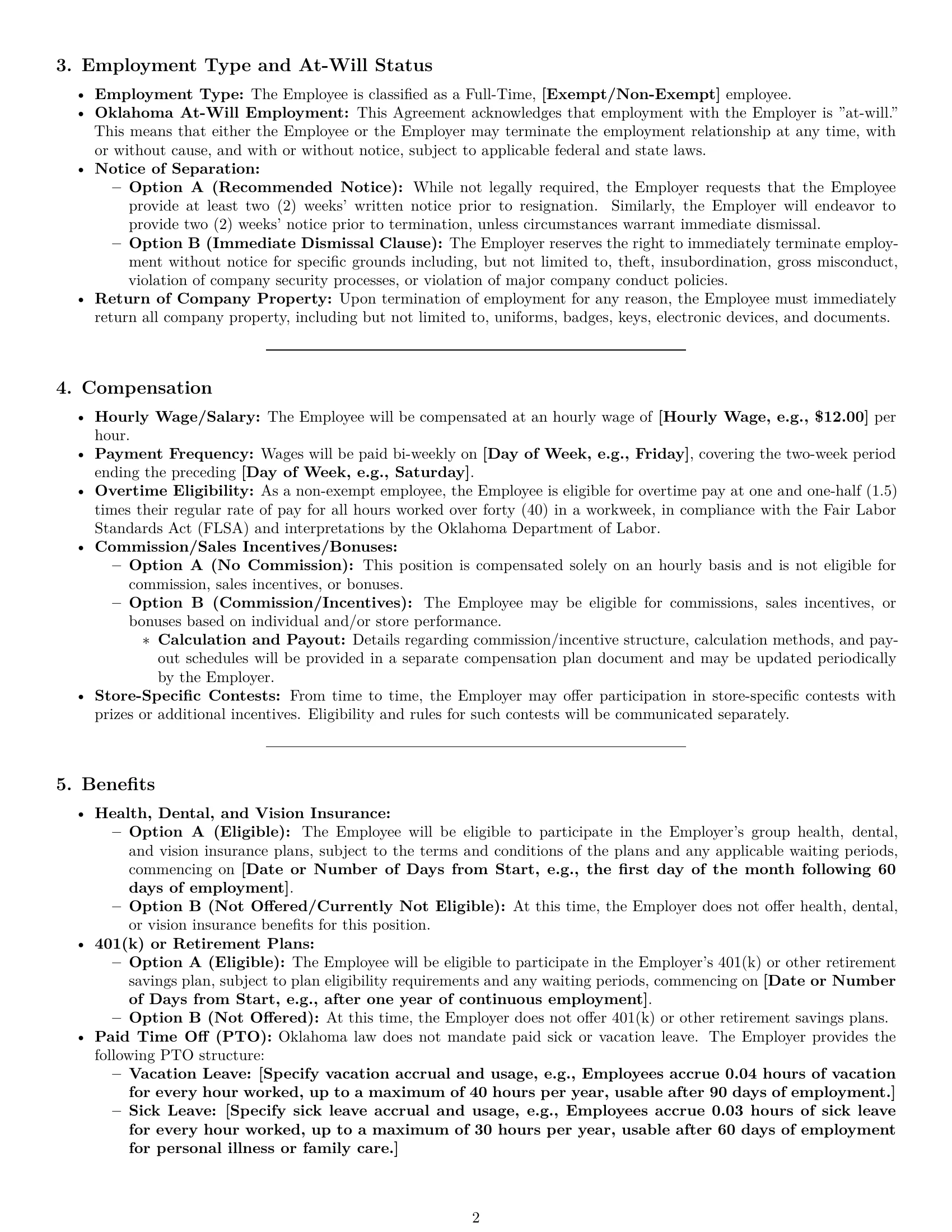 Preview page 2 of Pro Oklahoma retail sales associate employment contract template