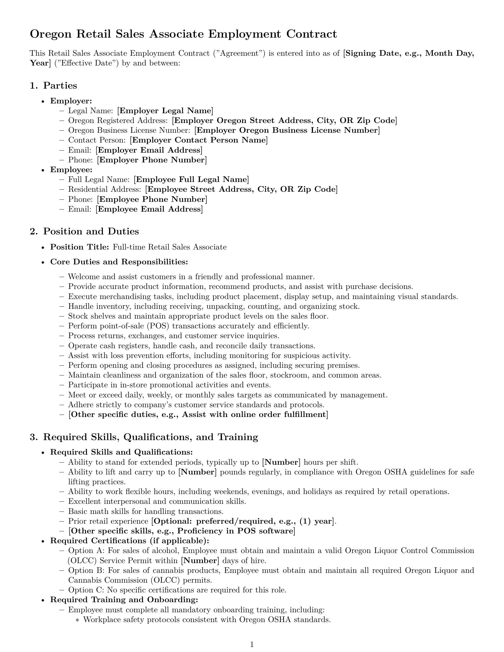 Preview page 1 of Pro Oregon retail sales associate employment contract template