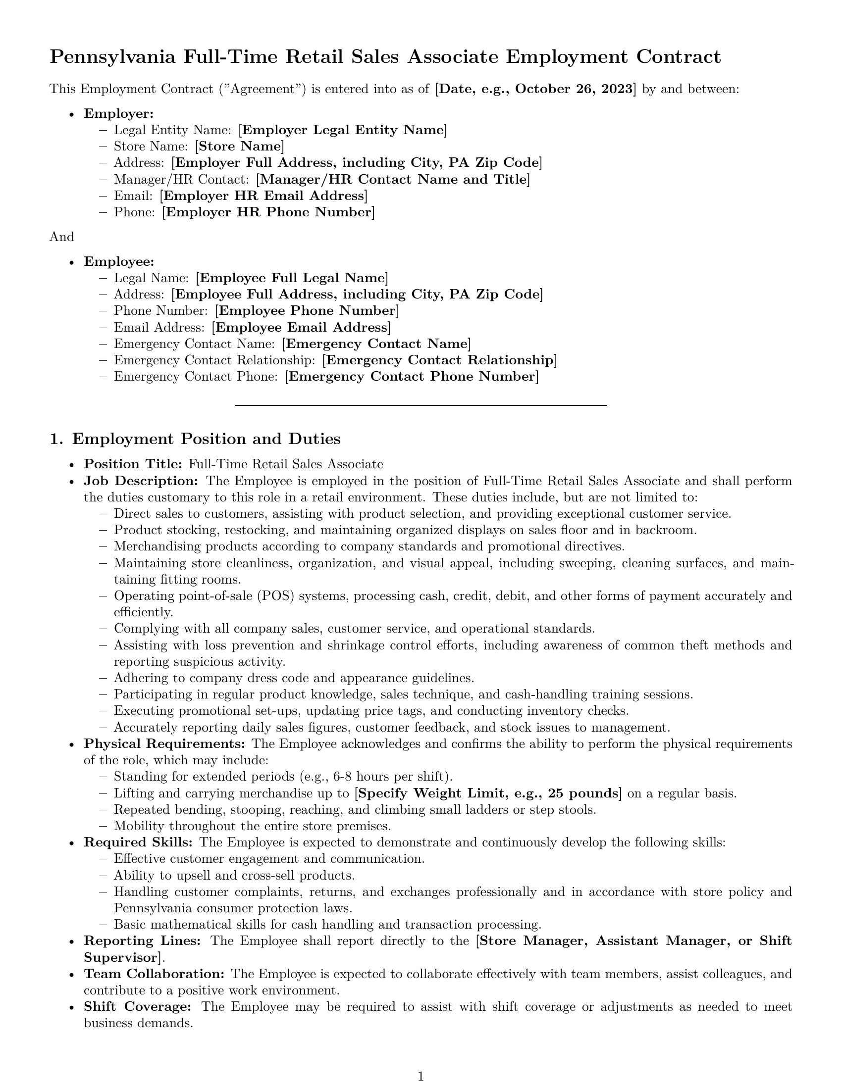 Preview page 1 of Pro Pennsylvania retail sales associate employment contract template