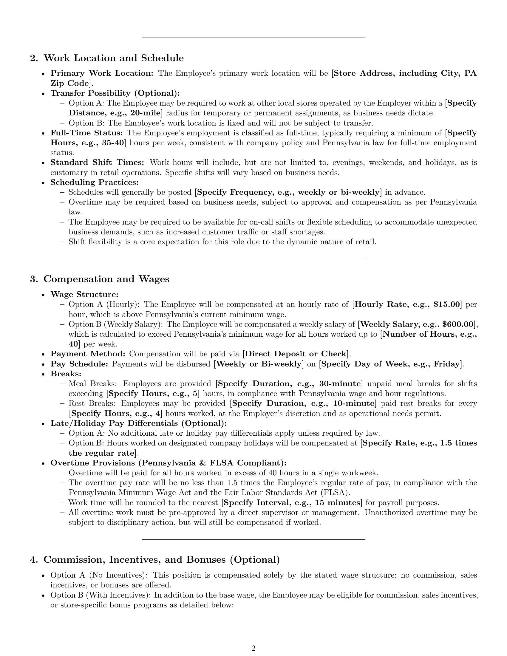 Preview page 2 of Pro Pennsylvania retail sales associate employment contract template