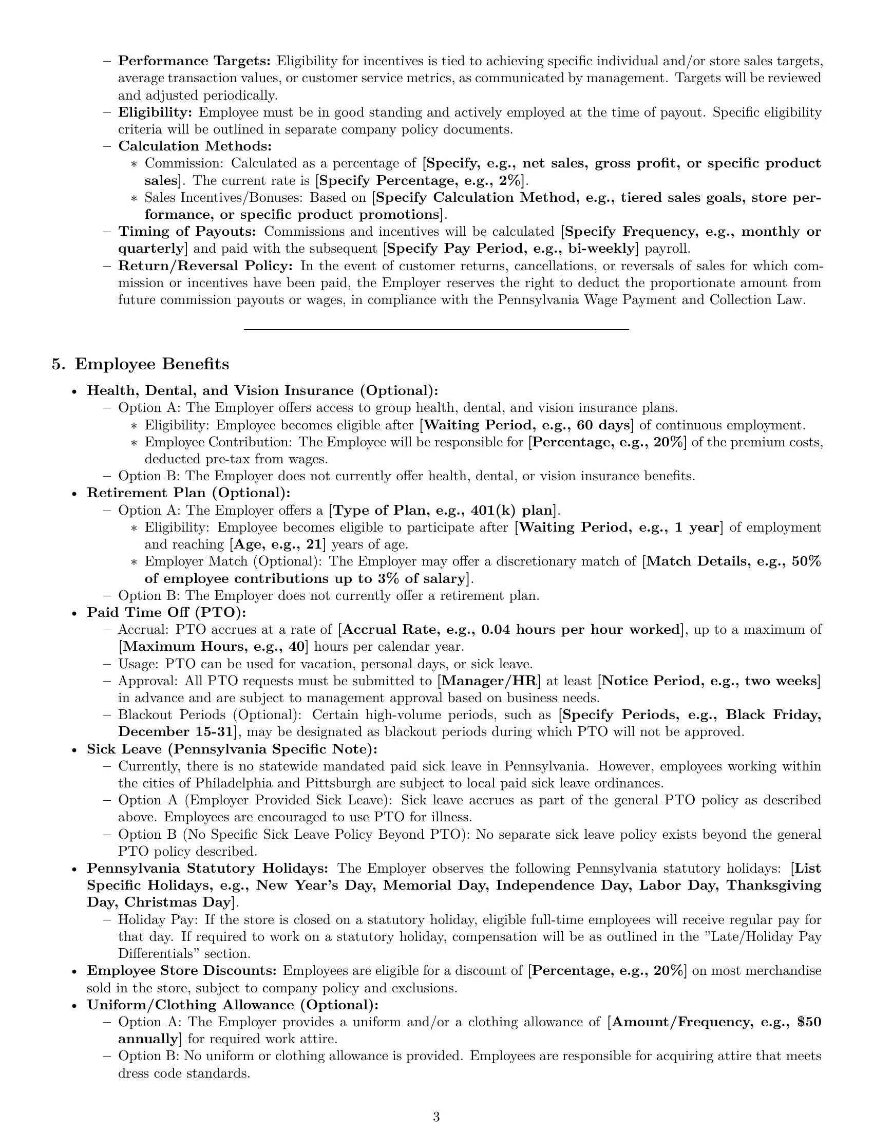 Preview page 3 of Pro Pennsylvania retail sales associate employment contract template