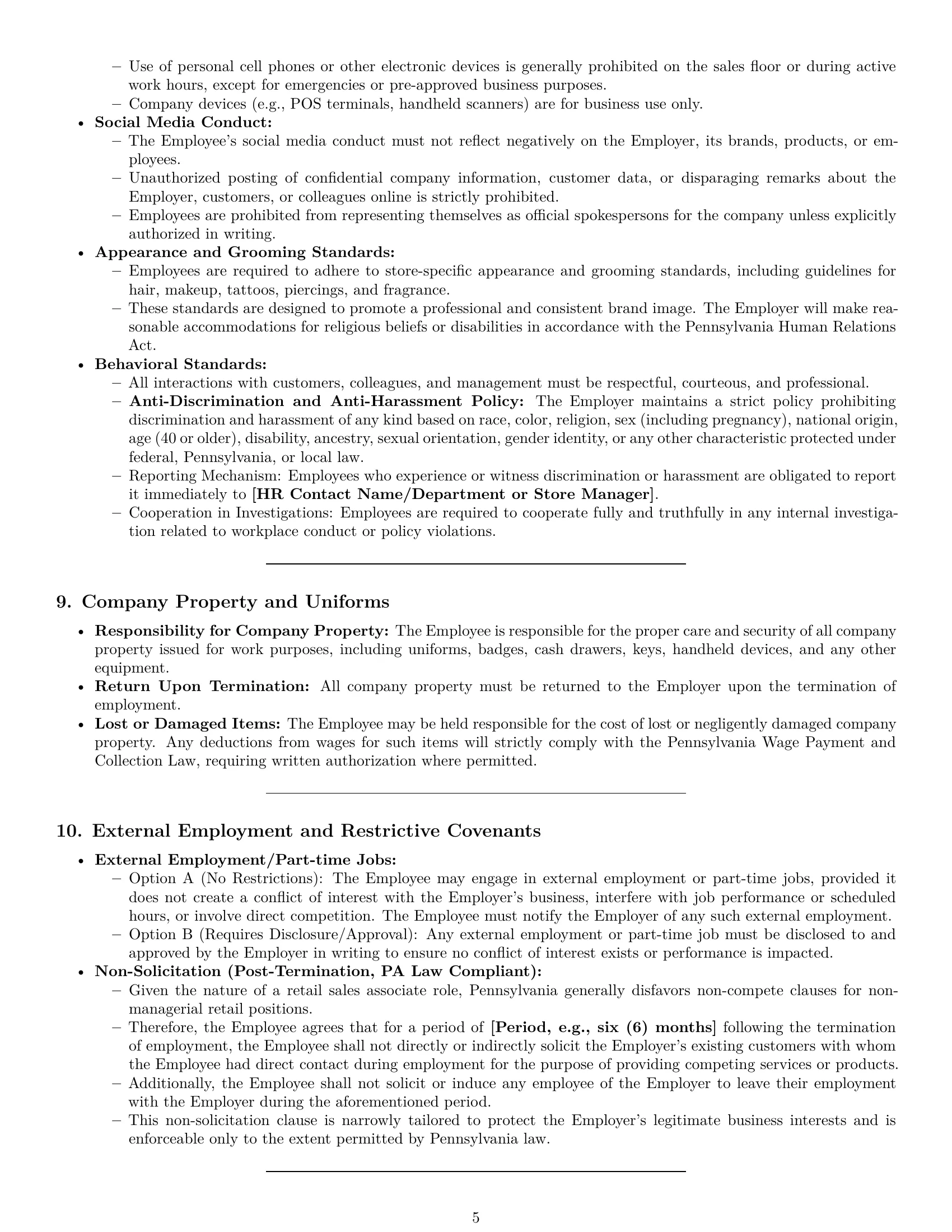 Preview page 5 of Pro Pennsylvania retail sales associate employment contract template