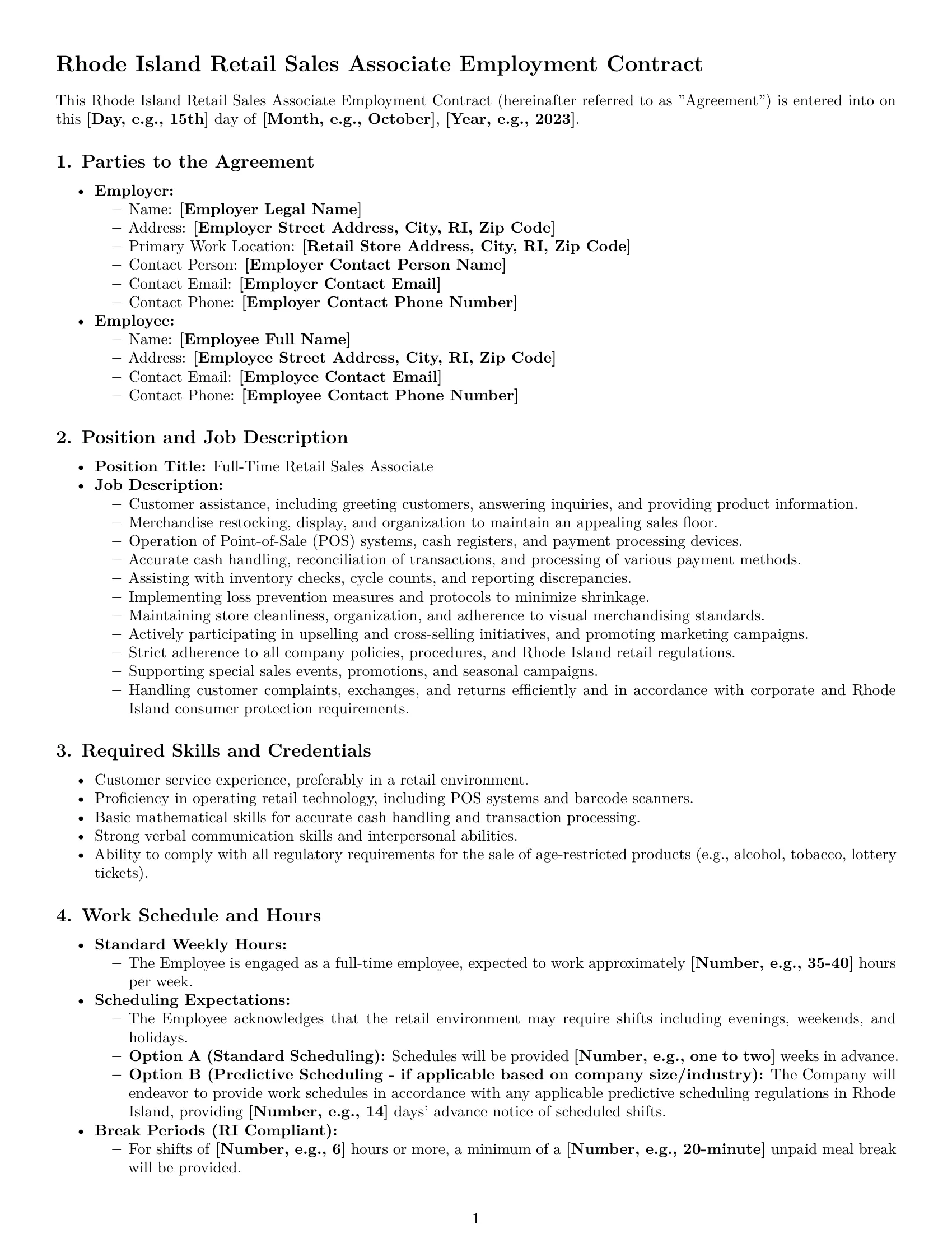 Preview page 1 of Pro Rhode Island retail sales associate employment contract template