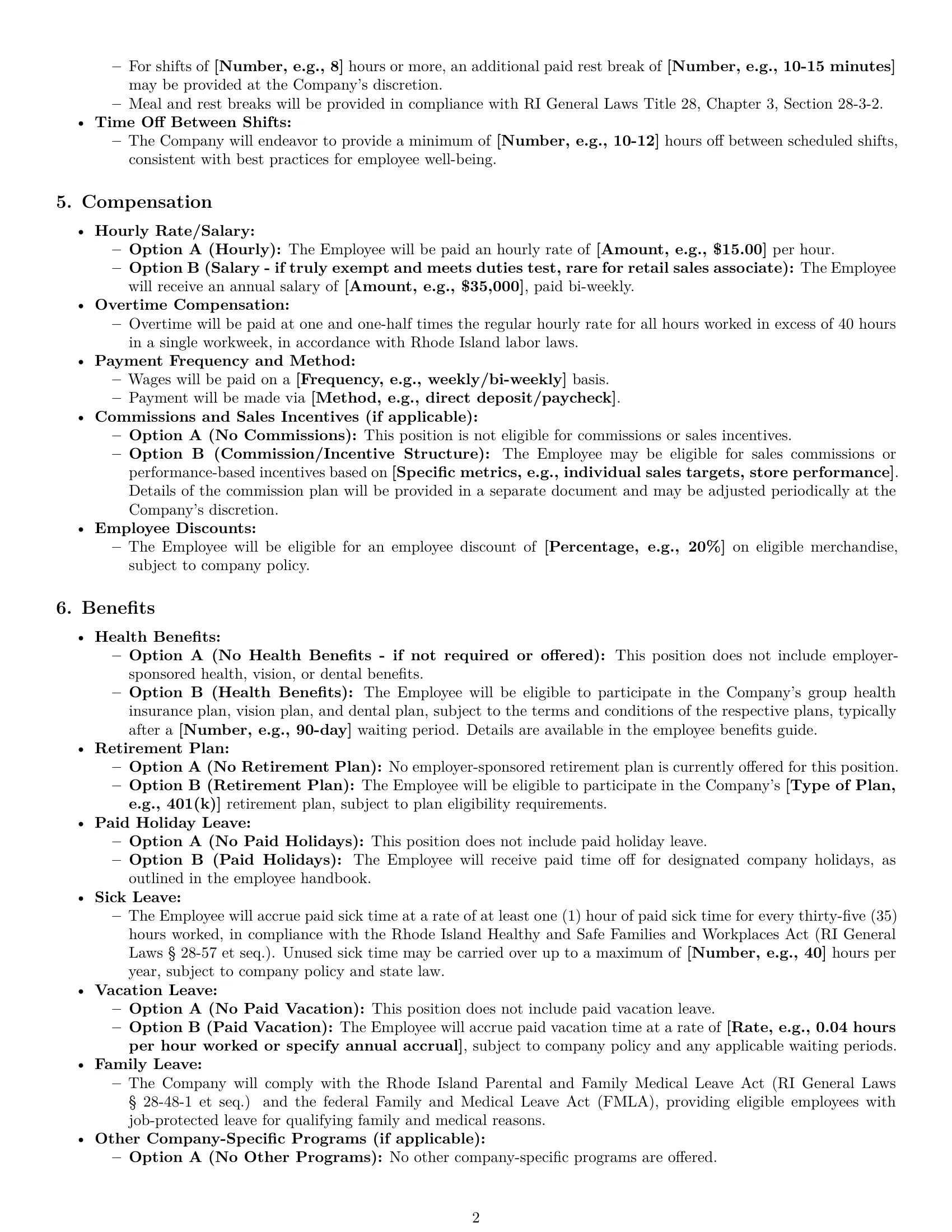 Preview page 2 of Pro Rhode Island retail sales associate employment contract template