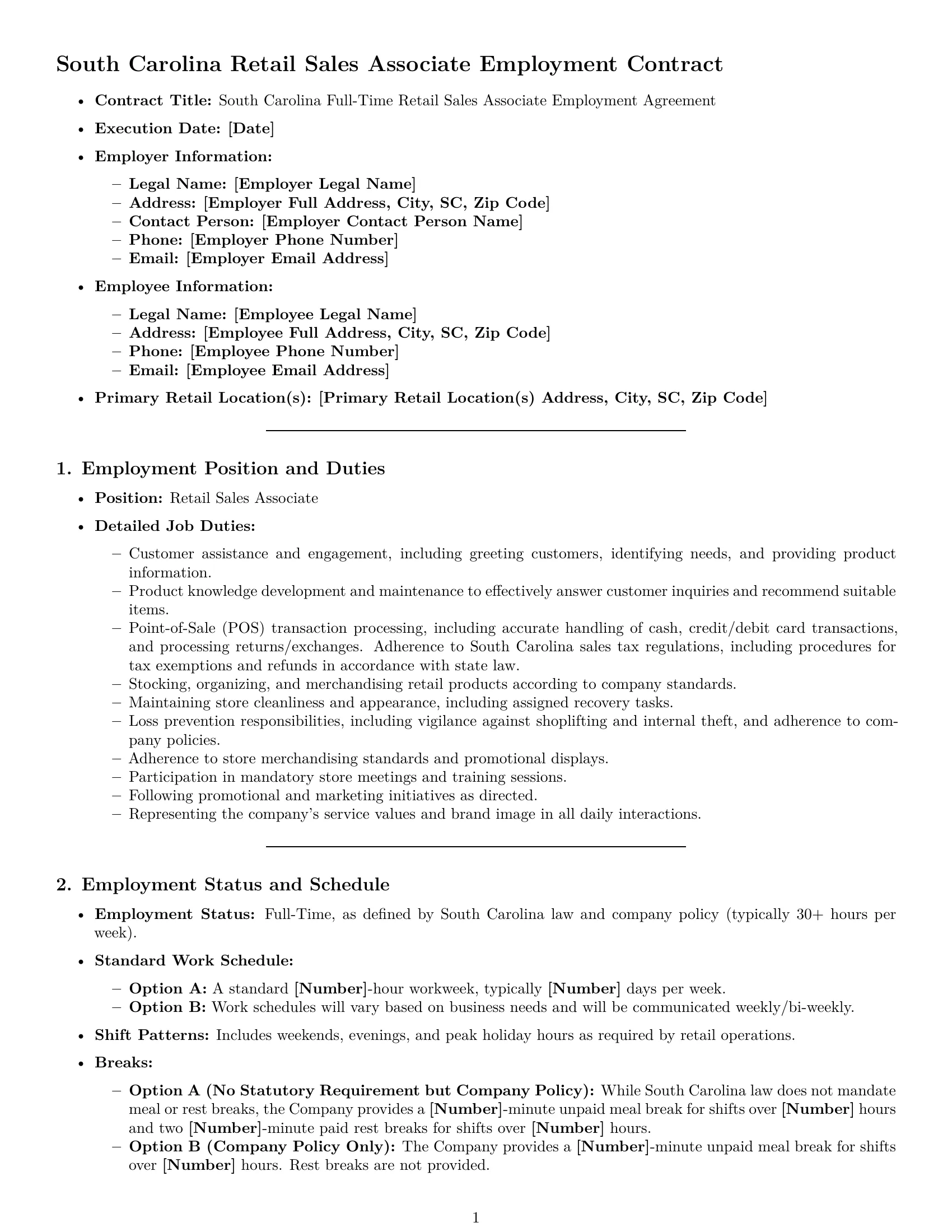 Preview page 1 of Pro South Carolina retail sales associate employment contract template