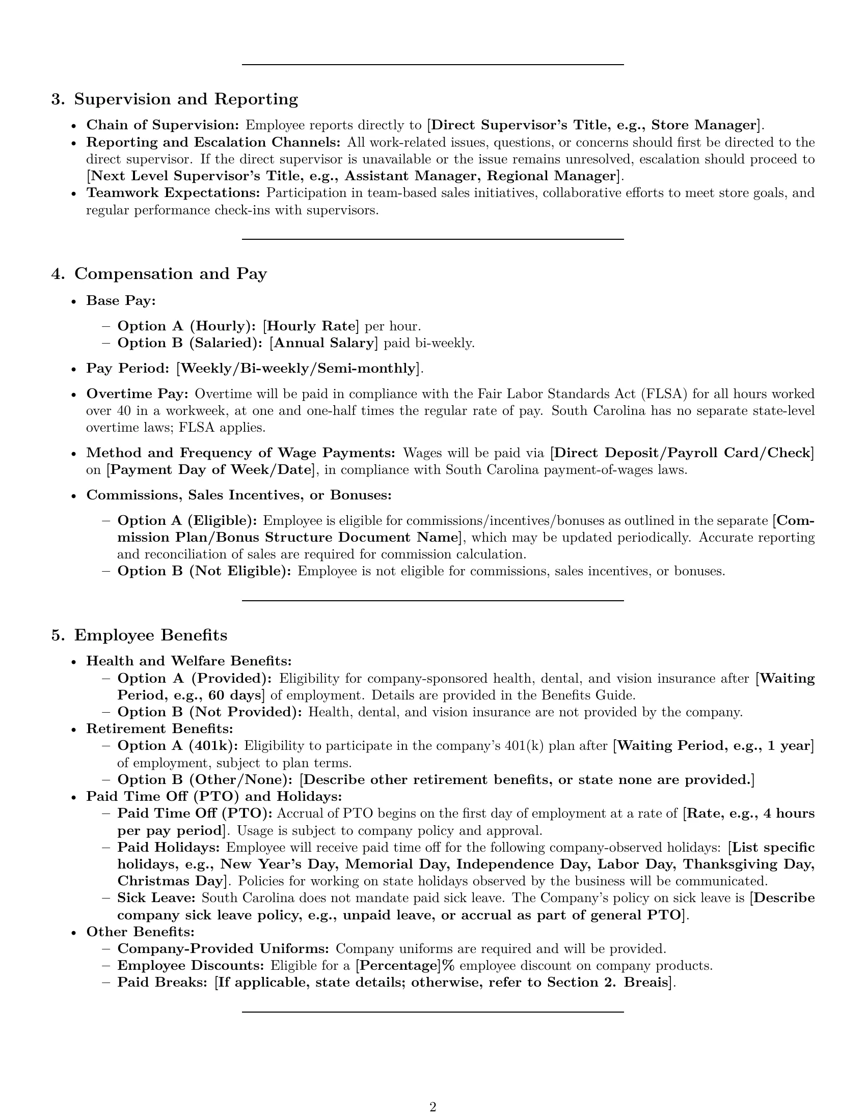 Preview page 2 of Pro South Carolina retail sales associate employment contract template