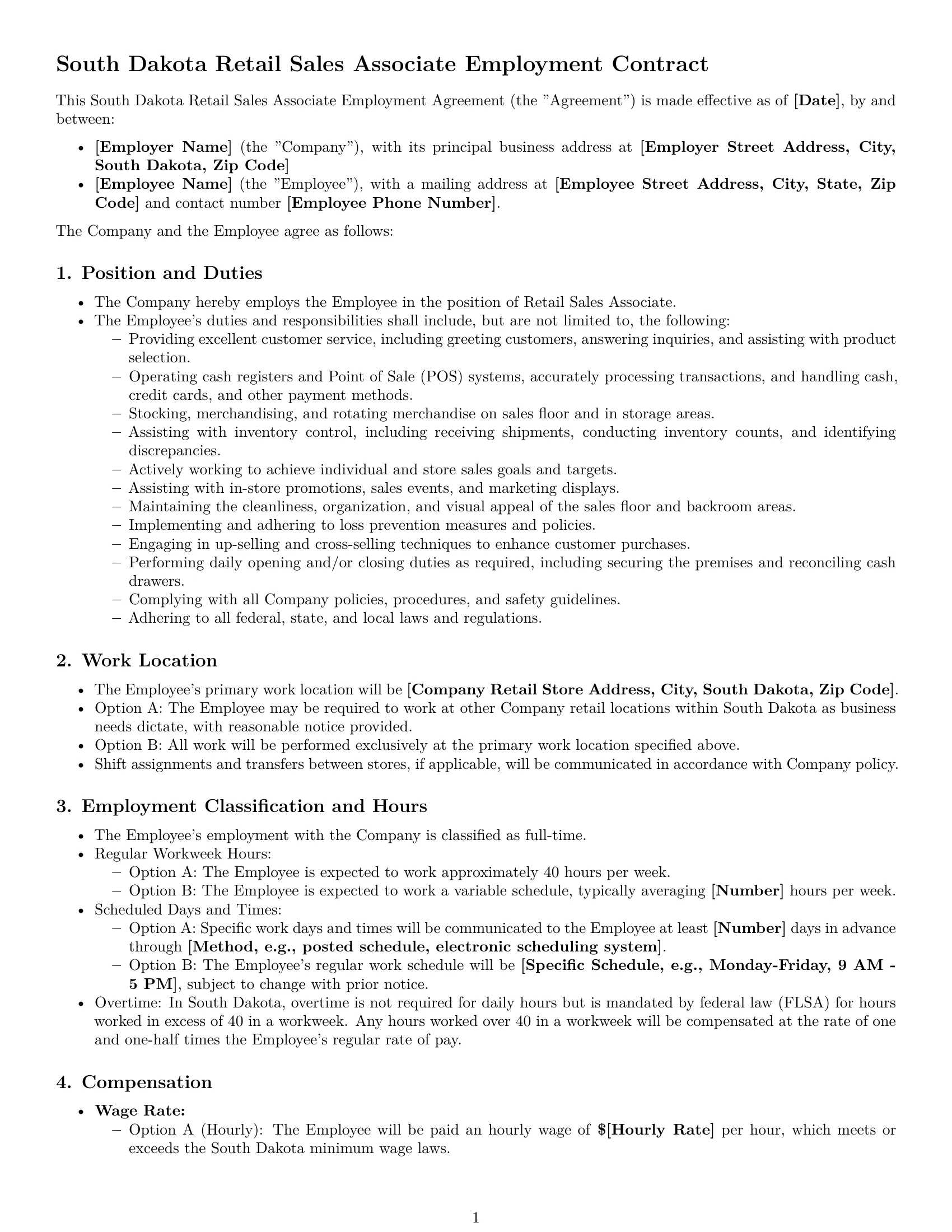 Preview page 1 of Pro South Dakota retail sales associate employment contract template