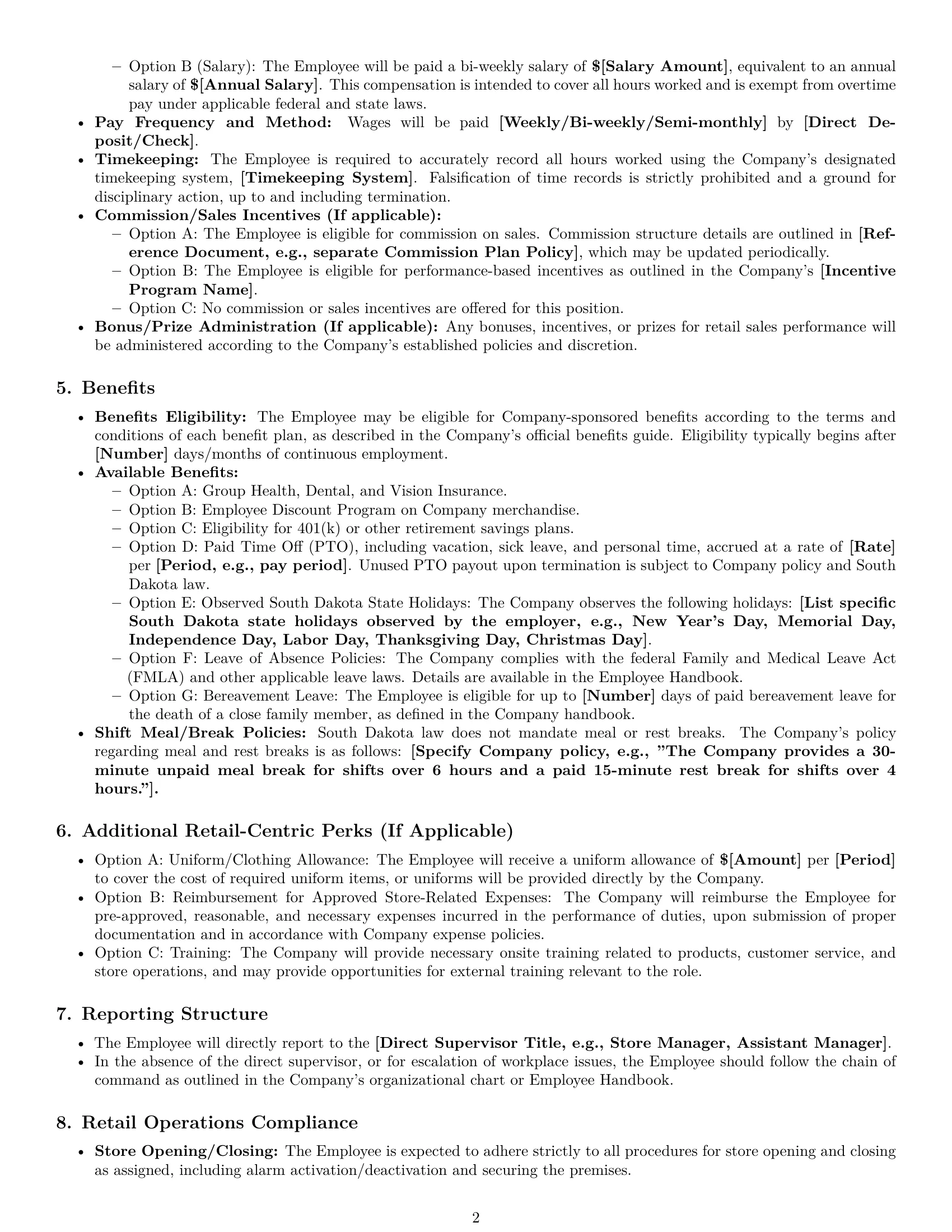 Preview page 2 of Pro South Dakota retail sales associate employment contract template