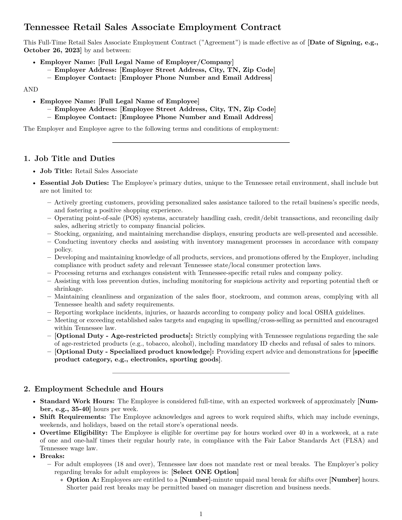 Preview page 1 of Pro Tennessee retail sales associate employment contract template