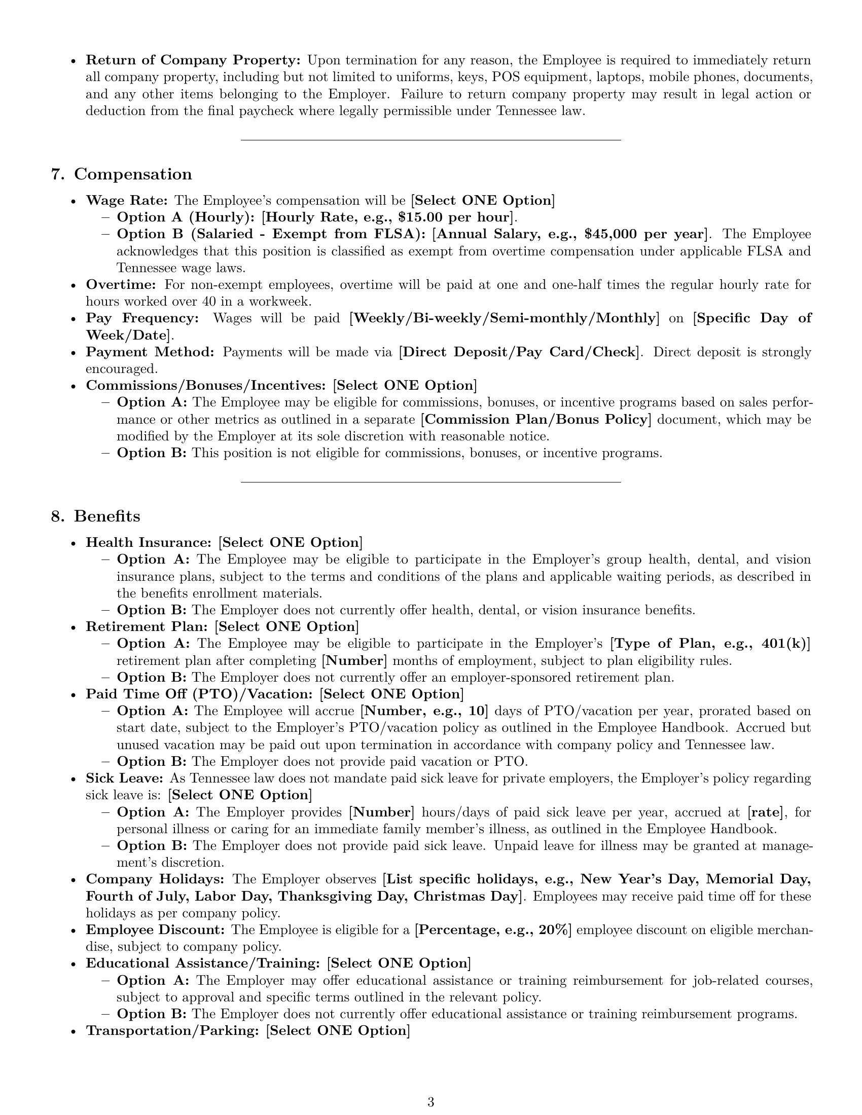 Preview page 3 of Pro Tennessee retail sales associate employment contract template