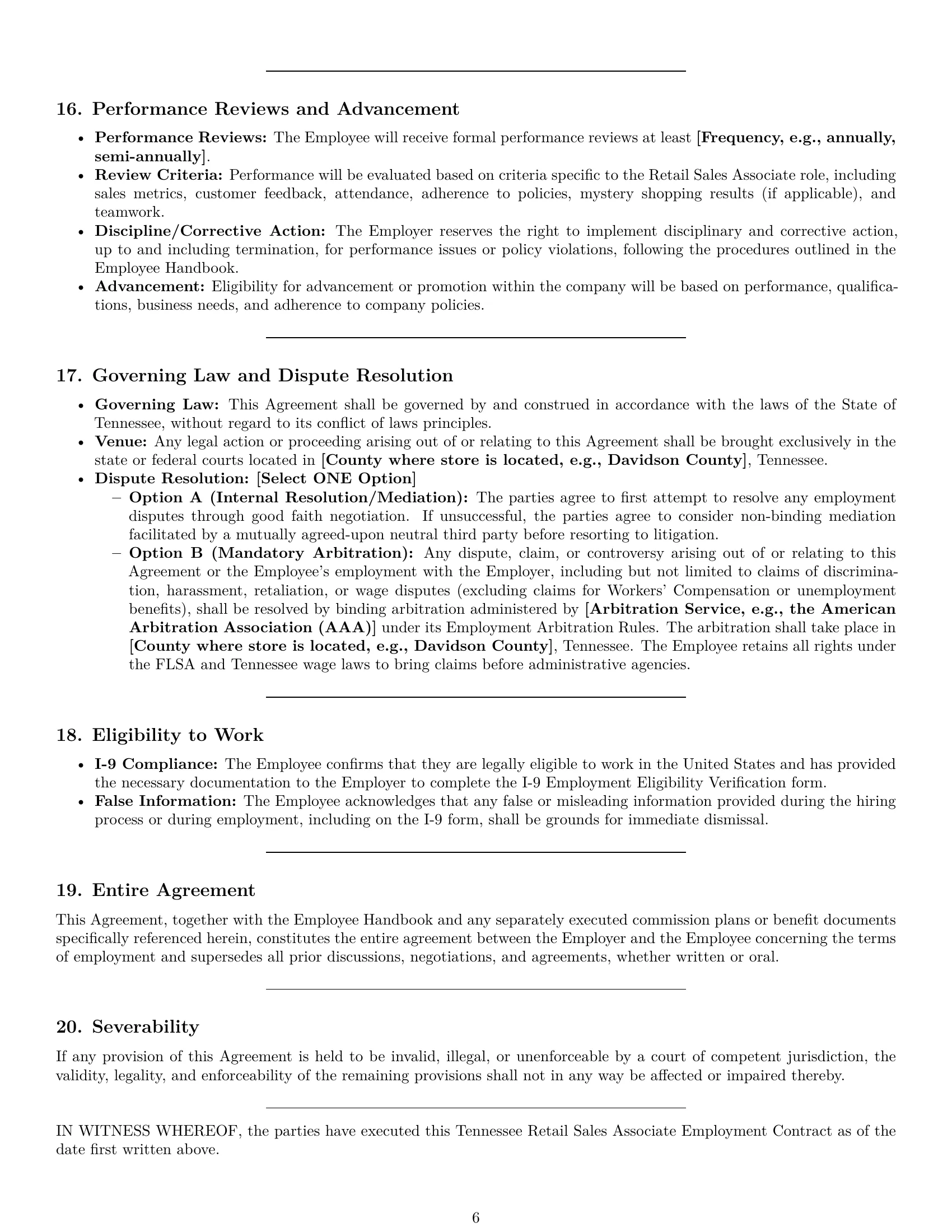 Preview page 6 of Pro Tennessee retail sales associate employment contract template