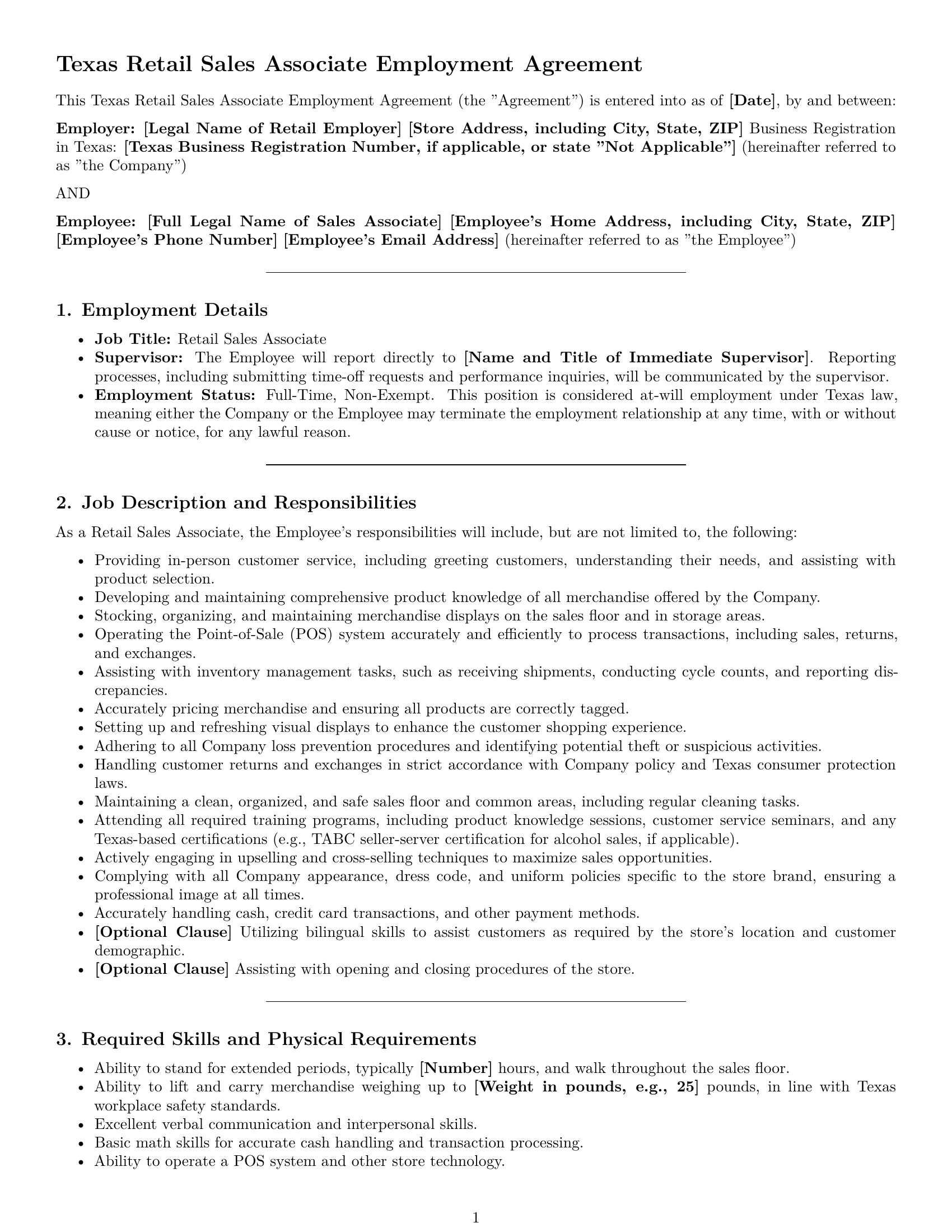 Preview page 1 of Pro Texas retail sales associate employment contract template