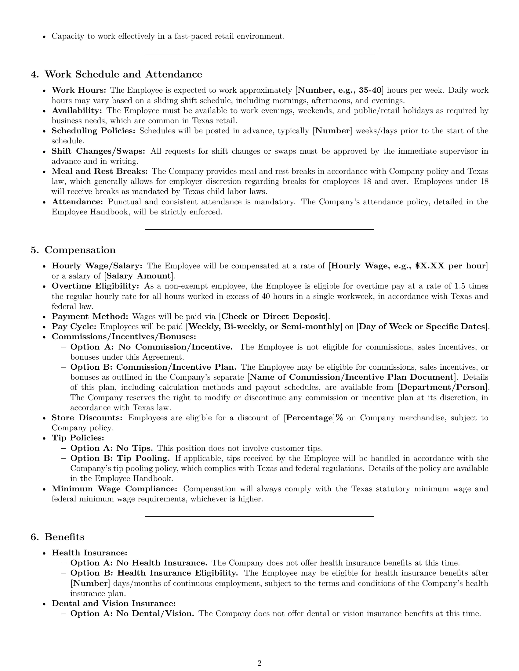 Preview page 2 of Pro Texas retail sales associate employment contract template