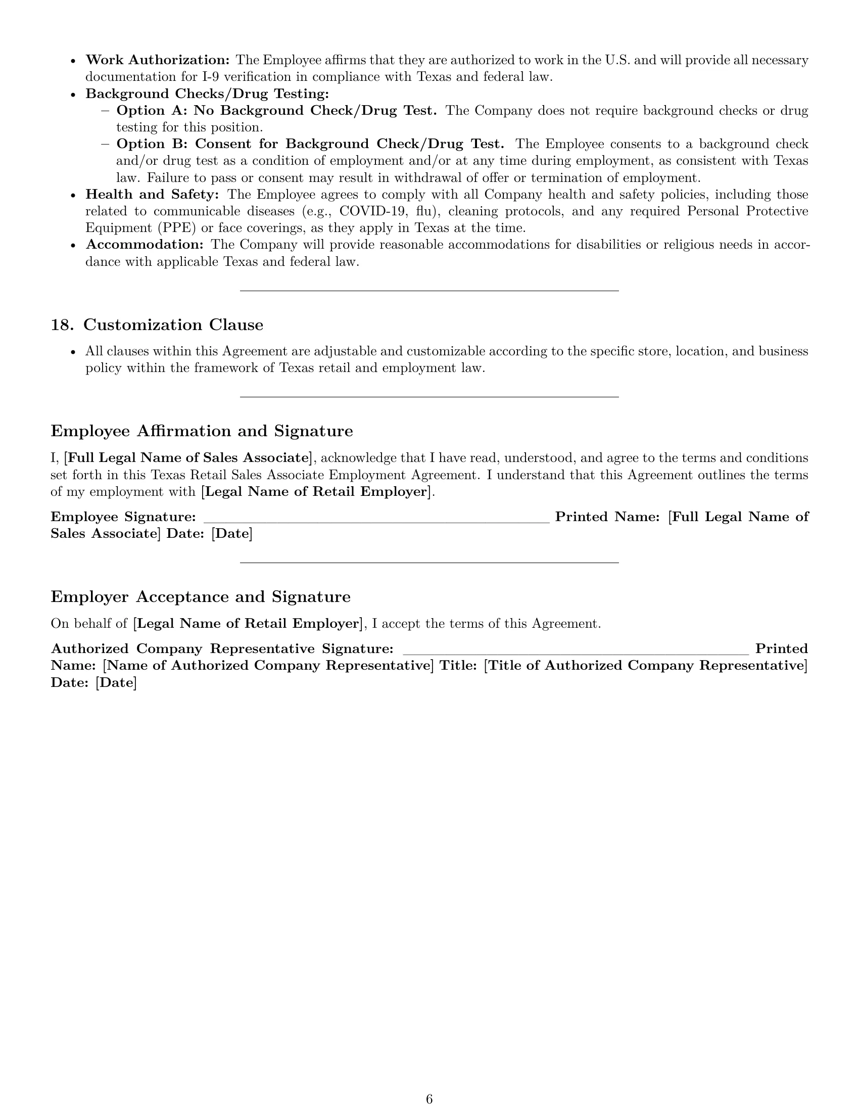 Preview page 6 of Pro Texas retail sales associate employment contract template