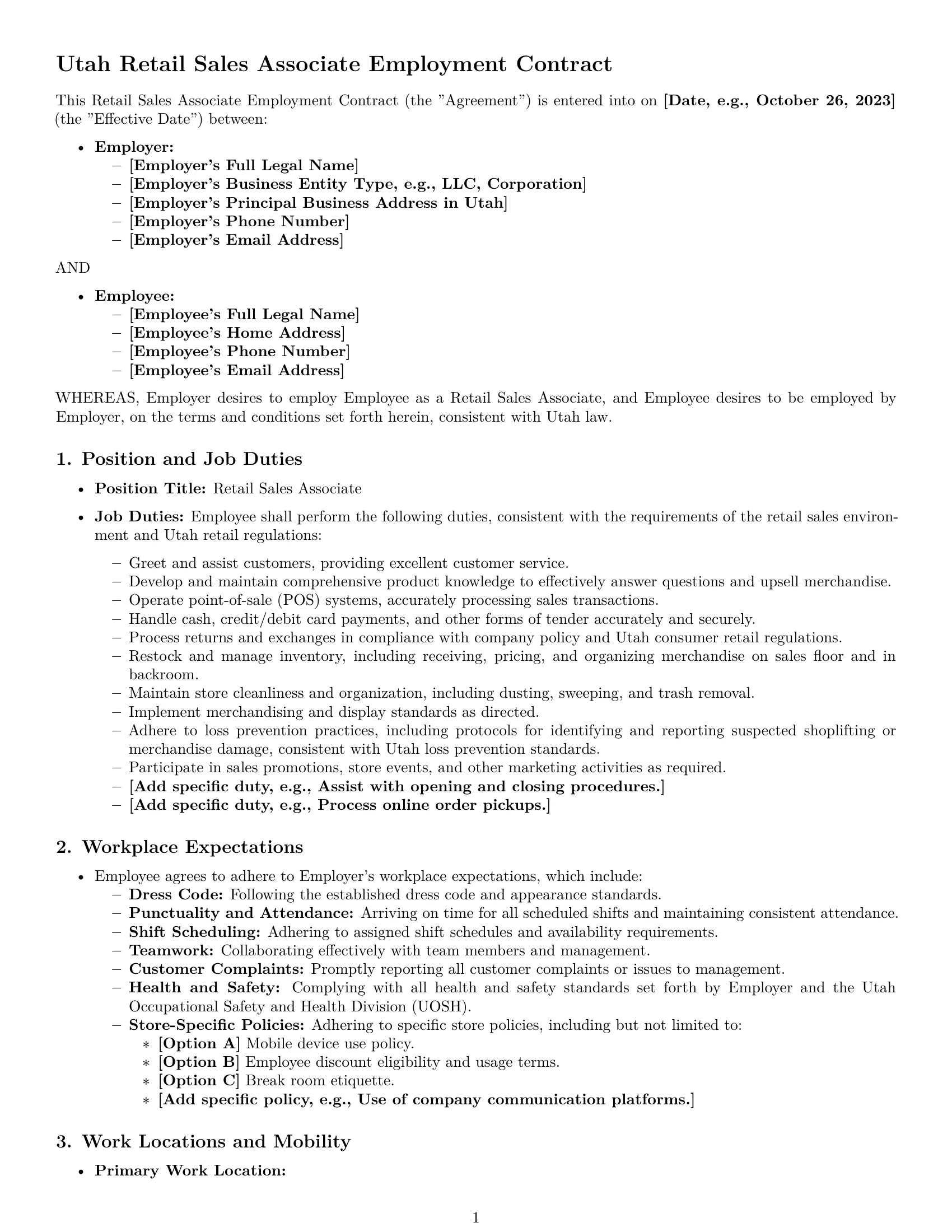 Preview page 1 of Pro Utah retail sales associate employment contract template