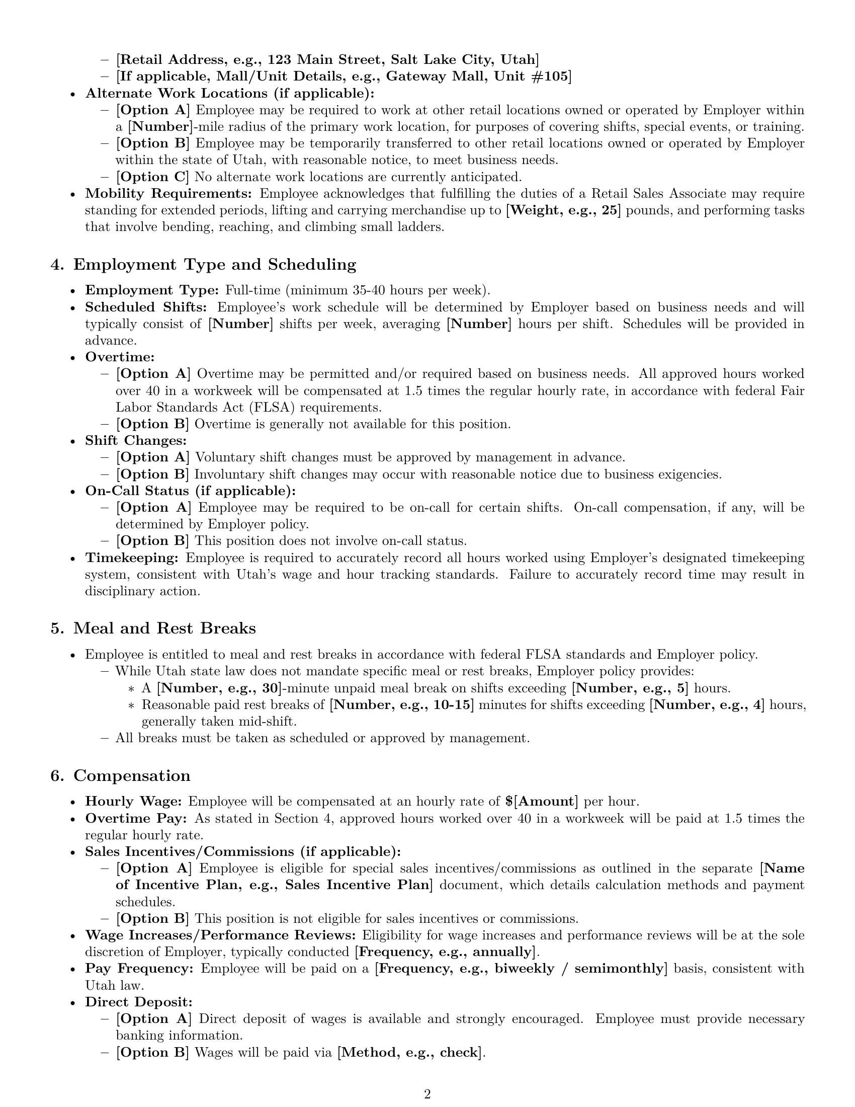 Preview page 2 of Pro Utah retail sales associate employment contract template