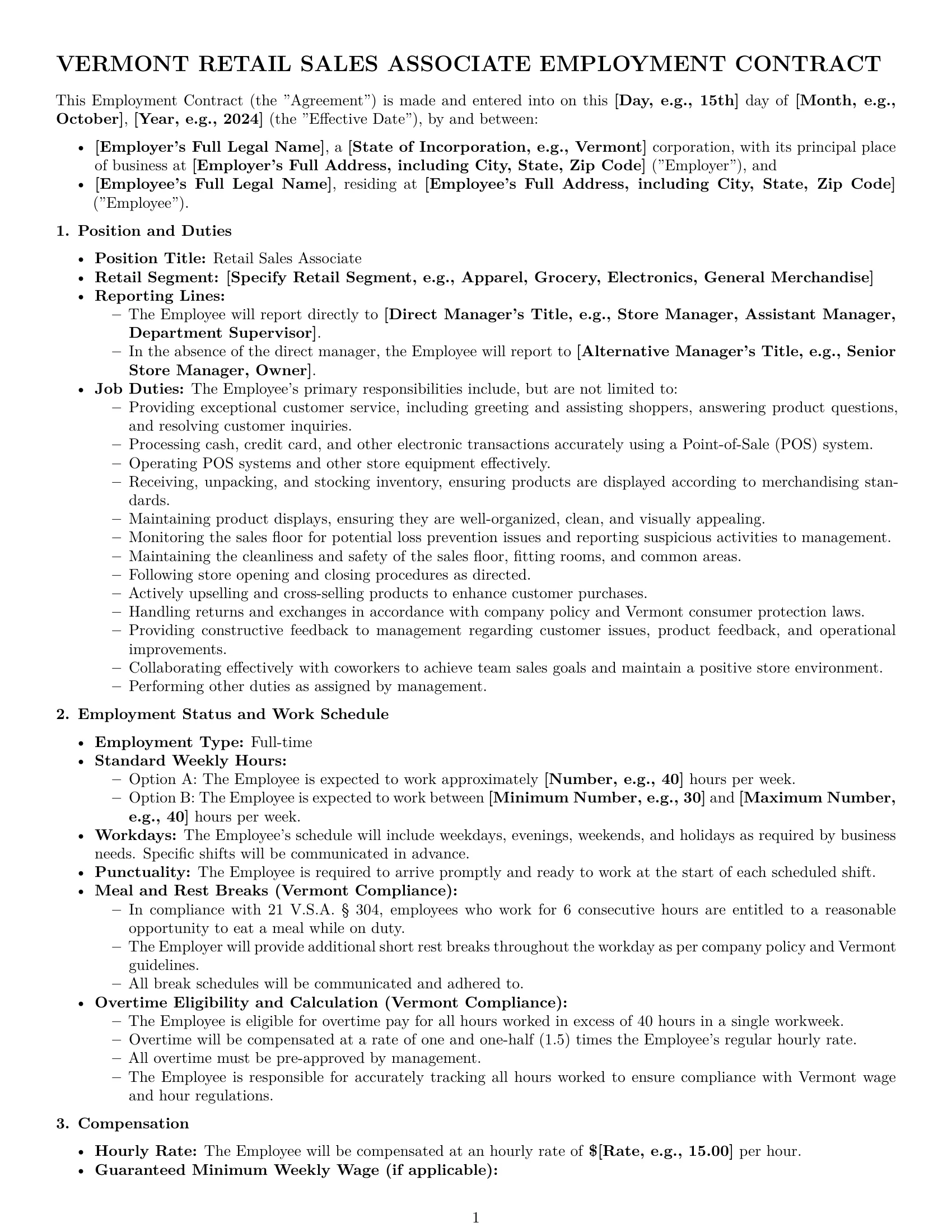 Preview page 1 of Pro Vermont retail sales associate employment contract template