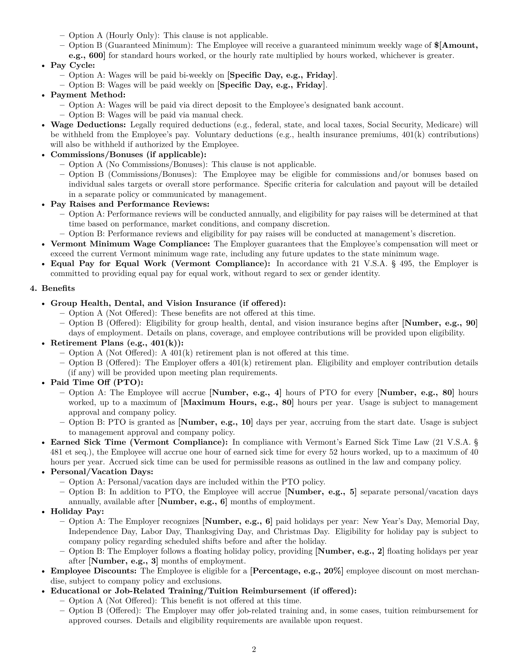 Preview page 2 of Pro Vermont retail sales associate employment contract template