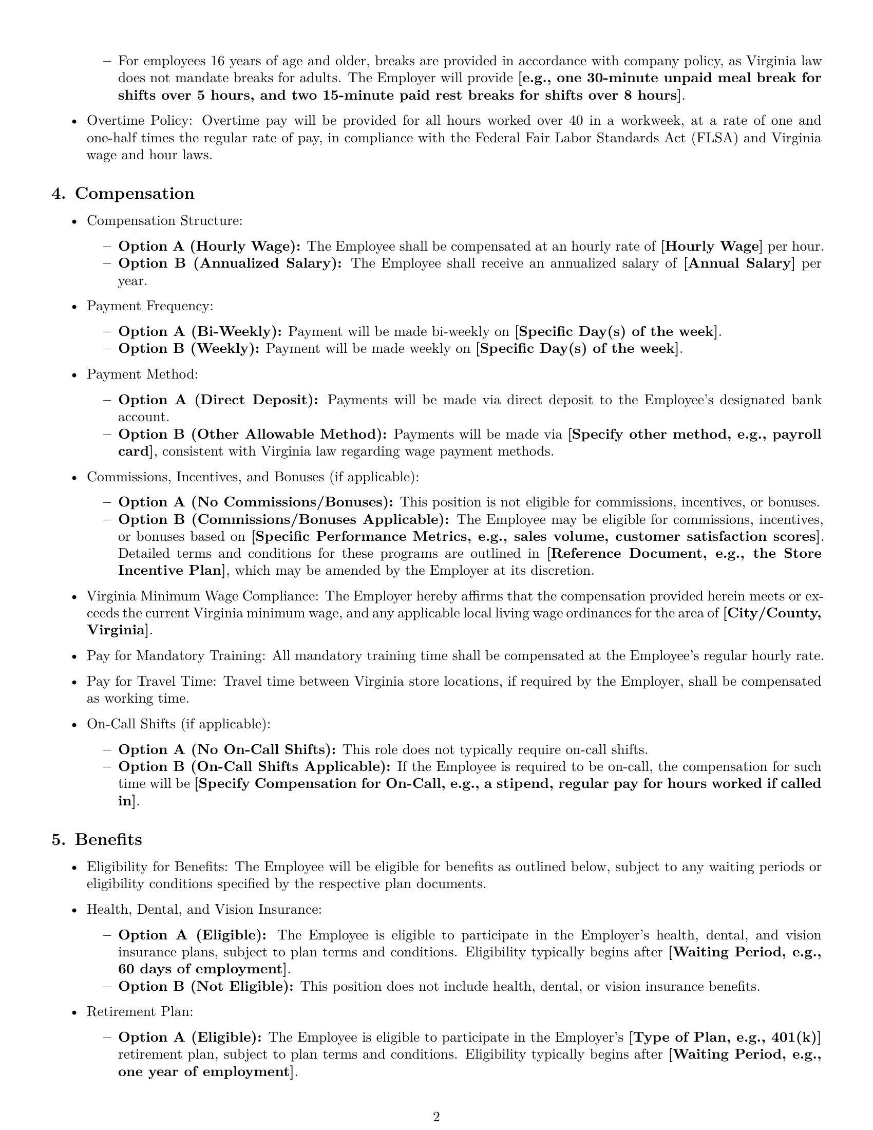 Preview page 2 of Pro Virginia retail sales associate employment contract template