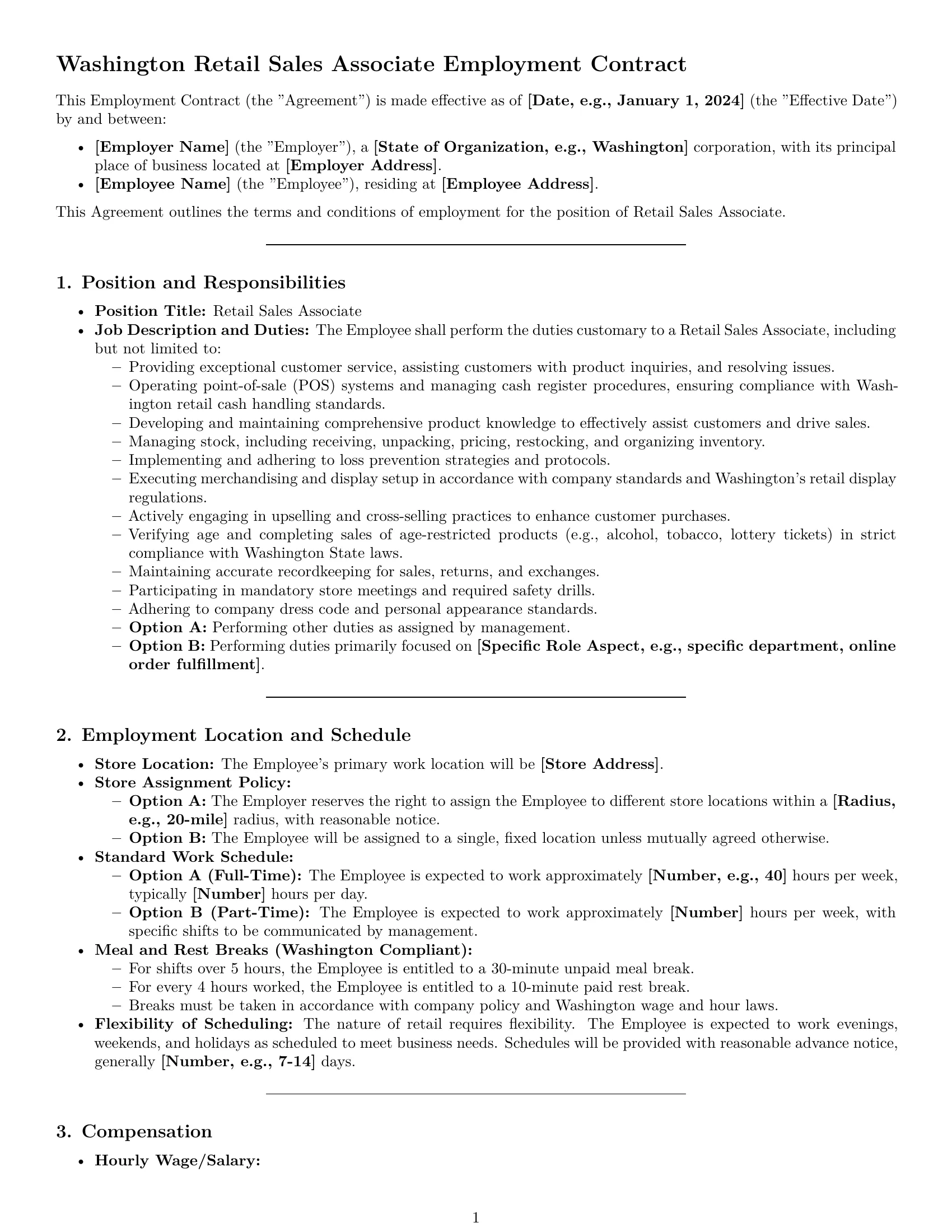 Preview page 1 of Pro Washington retail sales associate employment contract template