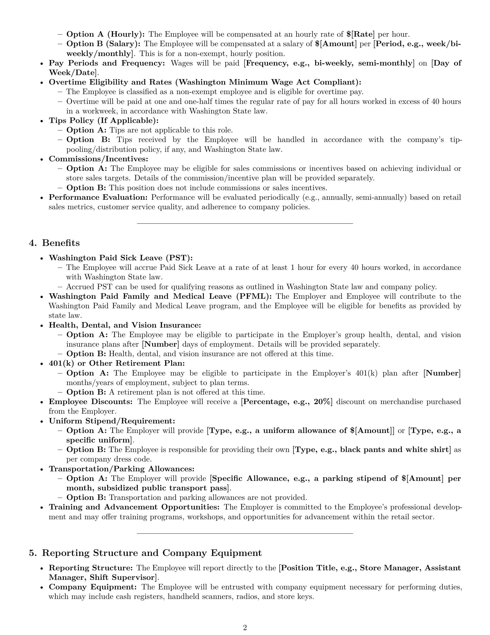 Preview page 2 of Pro Washington retail sales associate employment contract template