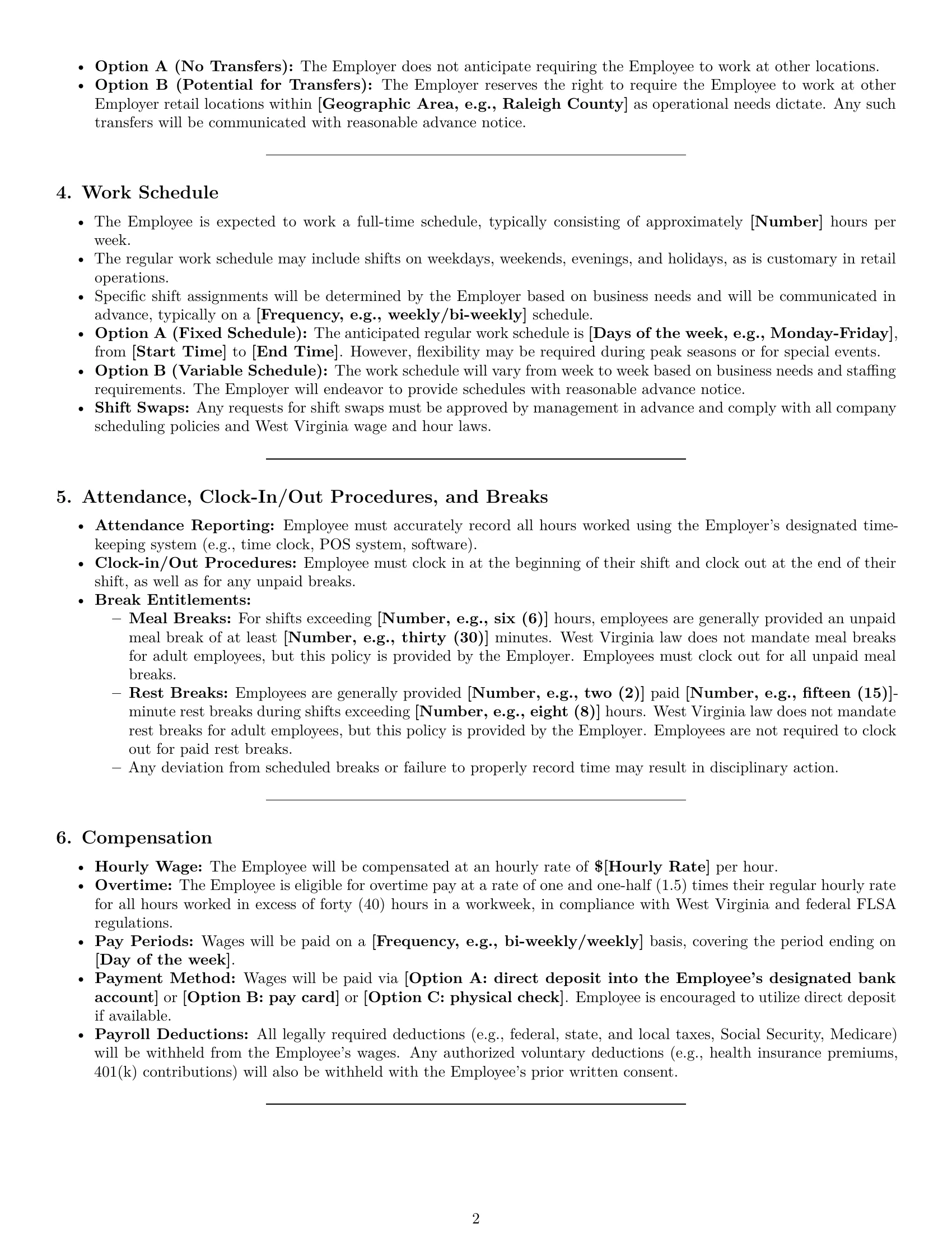 Preview page 2 of Pro West Virginia retail sales associate employment contract template