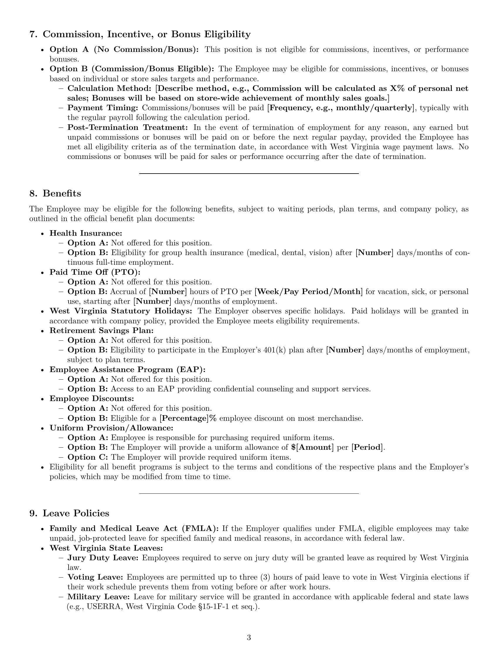 Preview page 3 of Pro West Virginia retail sales associate employment contract template