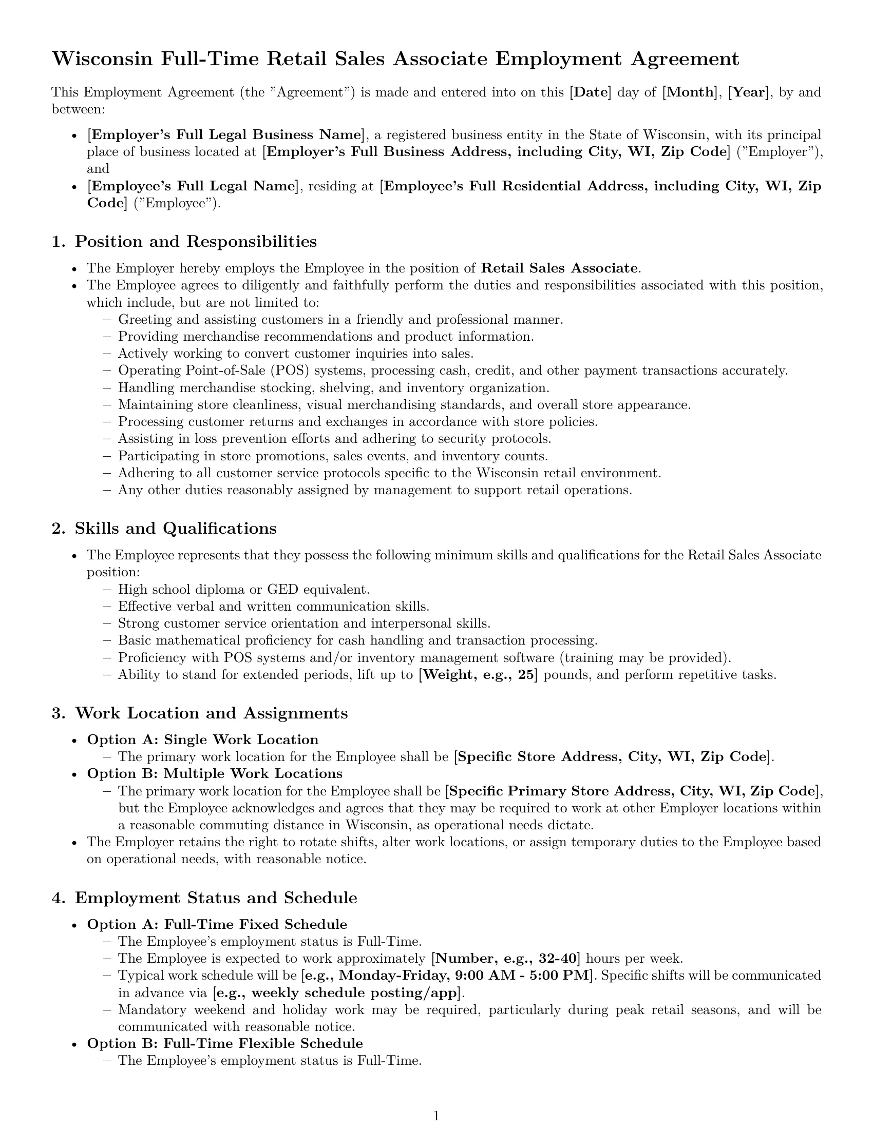 Preview page 1 of Pro Wisconsin retail sales associate employment contract template