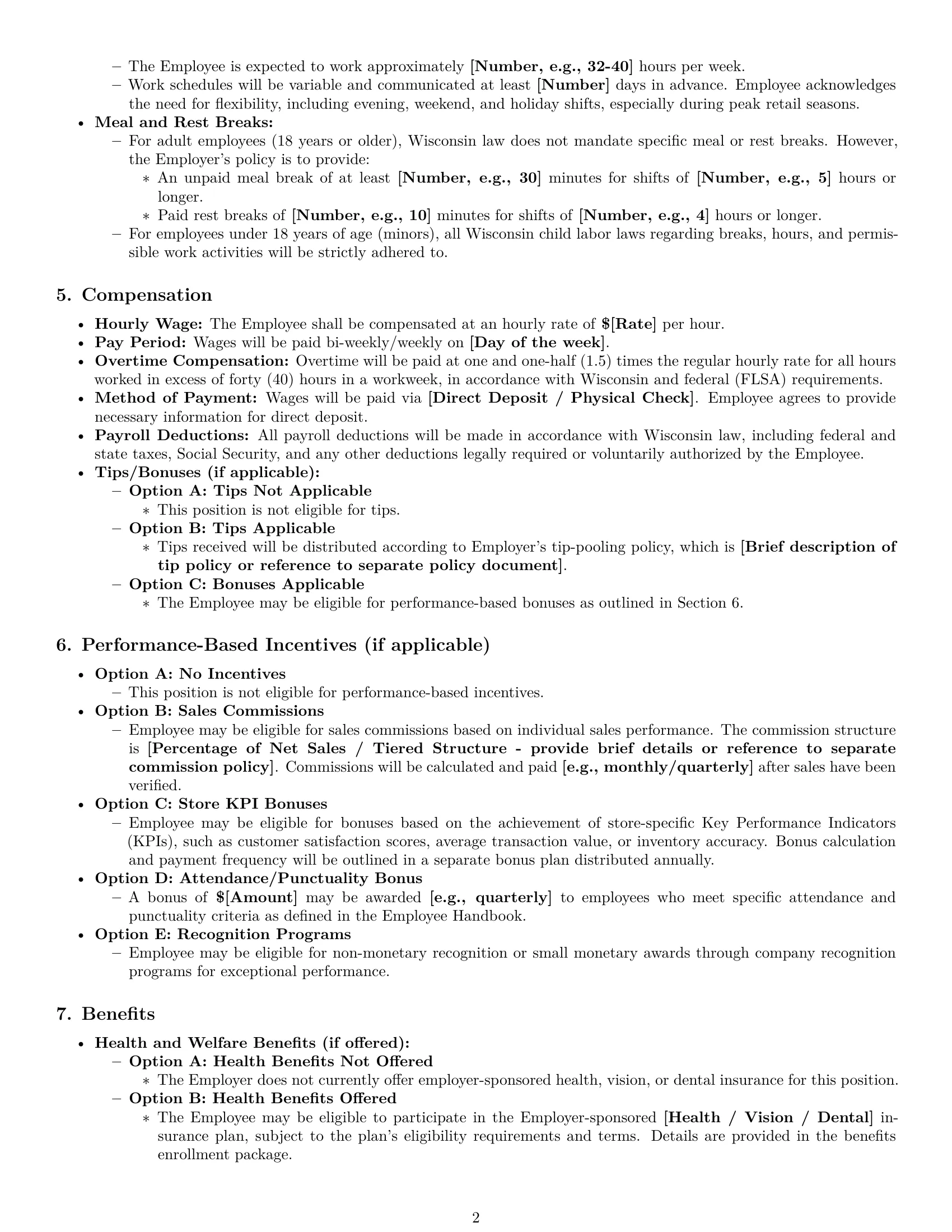 Preview page 2 of Pro Wisconsin retail sales associate employment contract template