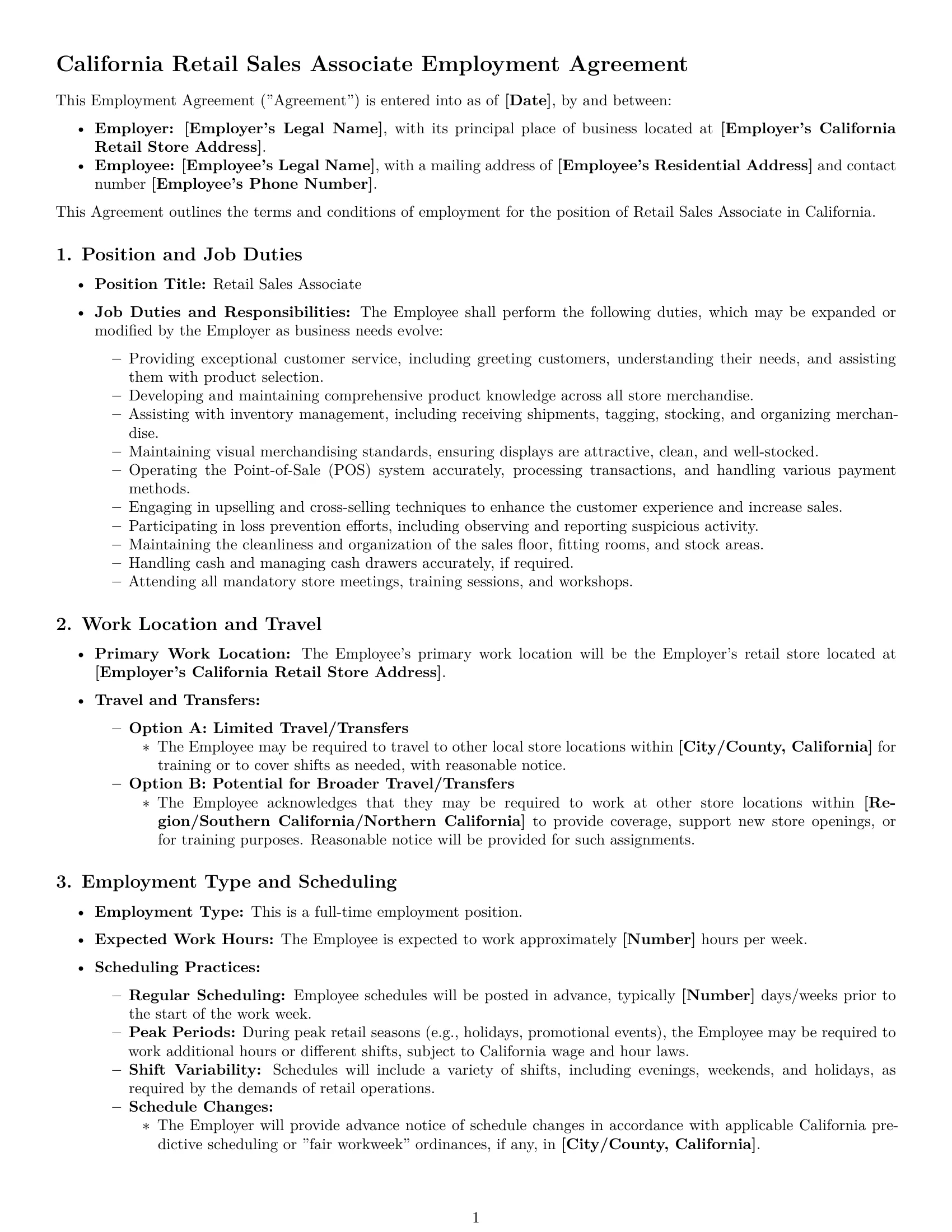Preview page 1 of Pro California retail sales associate employment contract template