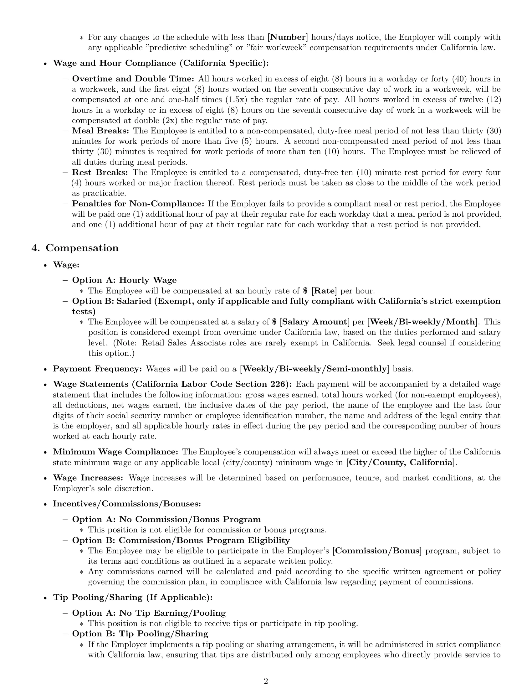 Preview page 2 of Pro California retail sales associate employment contract template