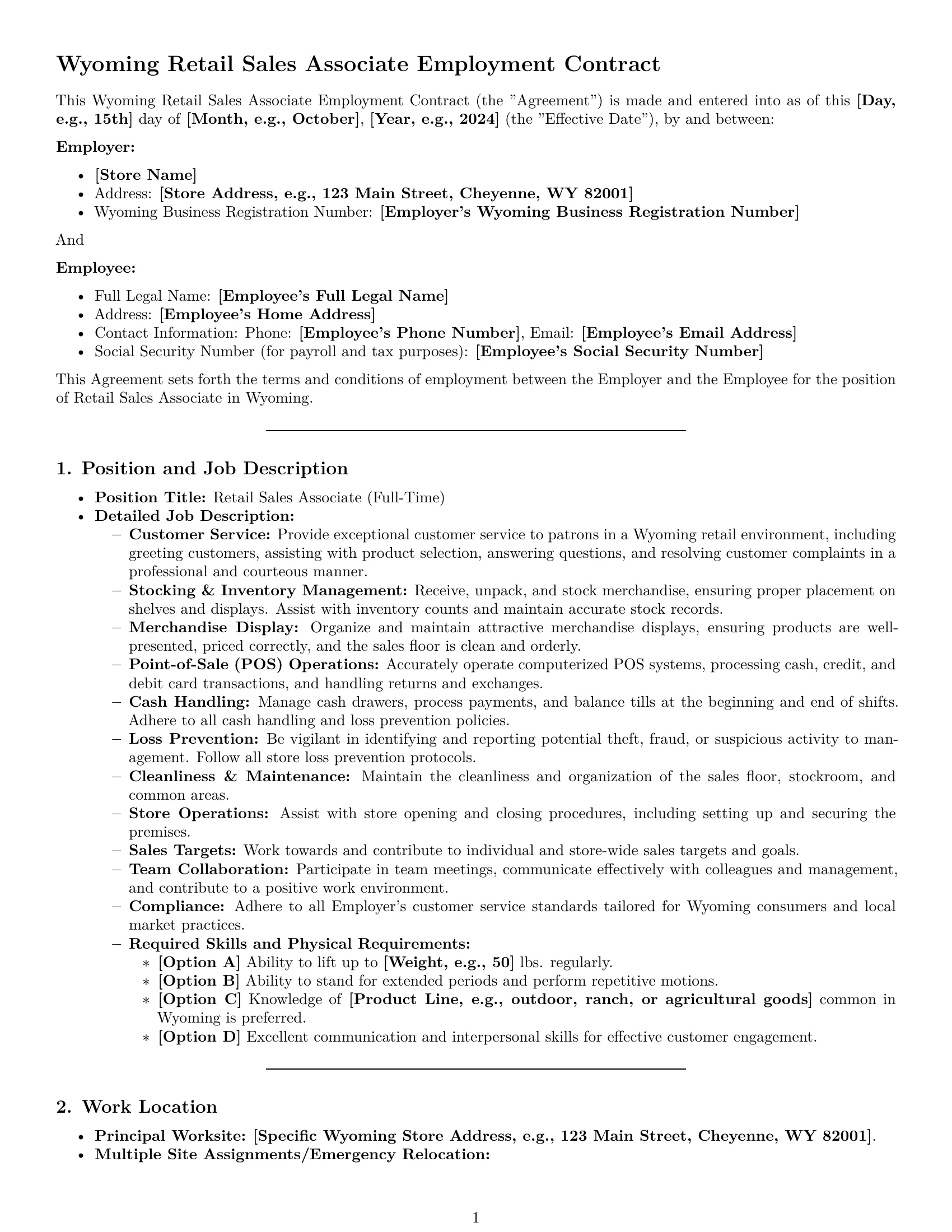 Preview page 1 of Pro Wyoming retail sales associate employment contract template
