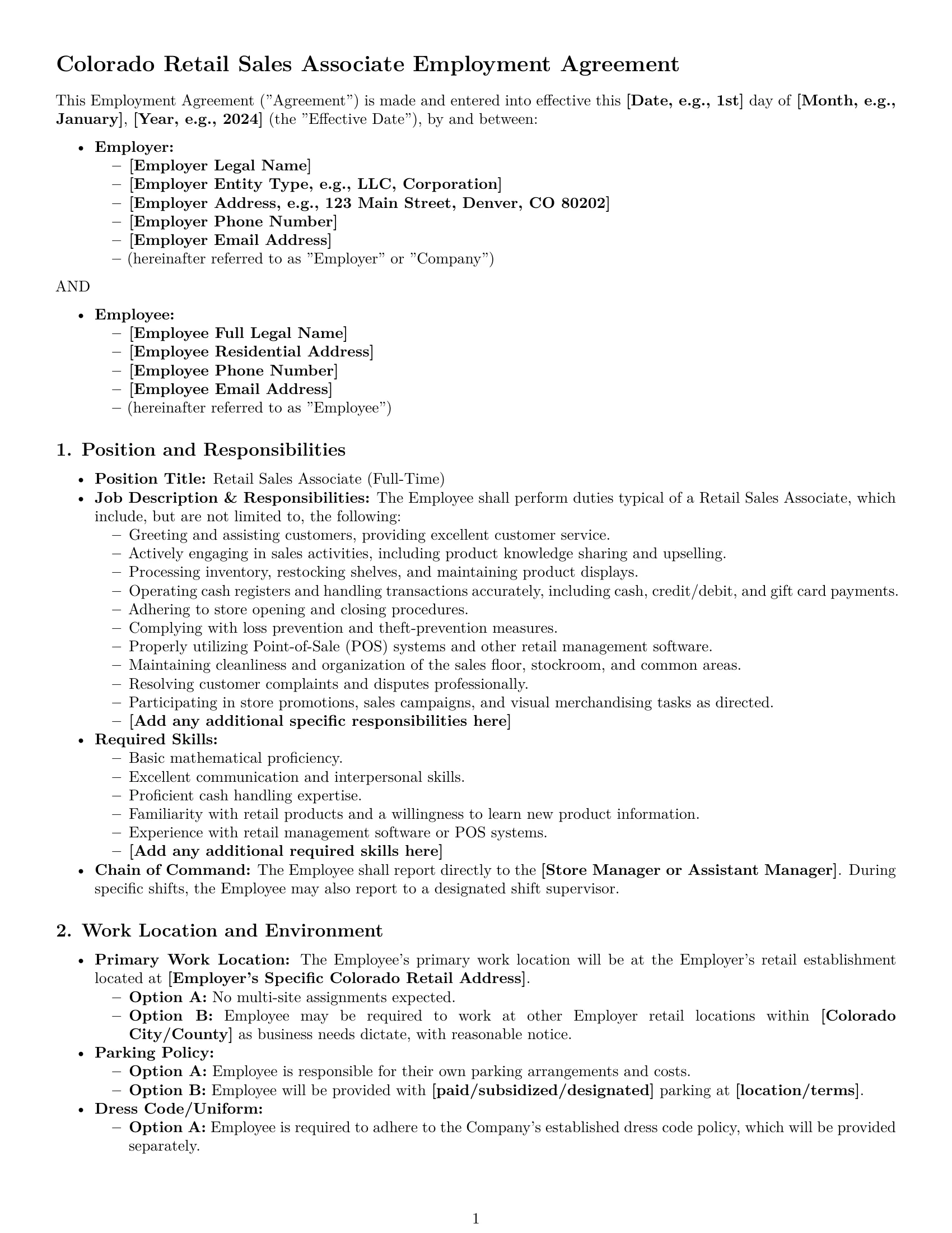 Preview page 1 of Pro Colorado retail sales associate employment contract template