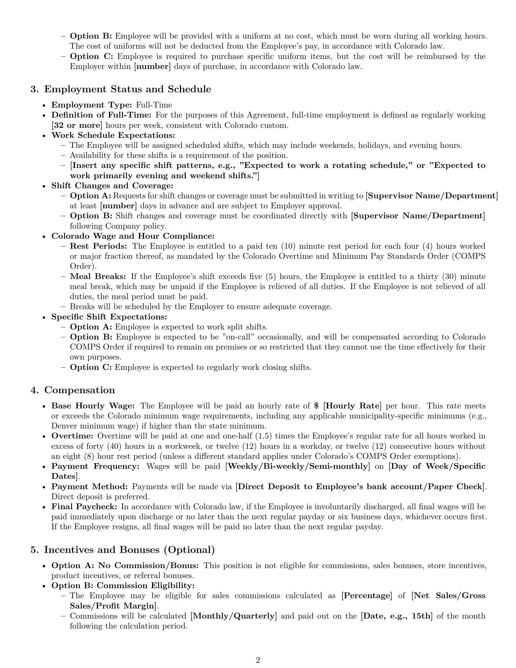 Preview page 2 of Pro Colorado retail sales associate employment contract template