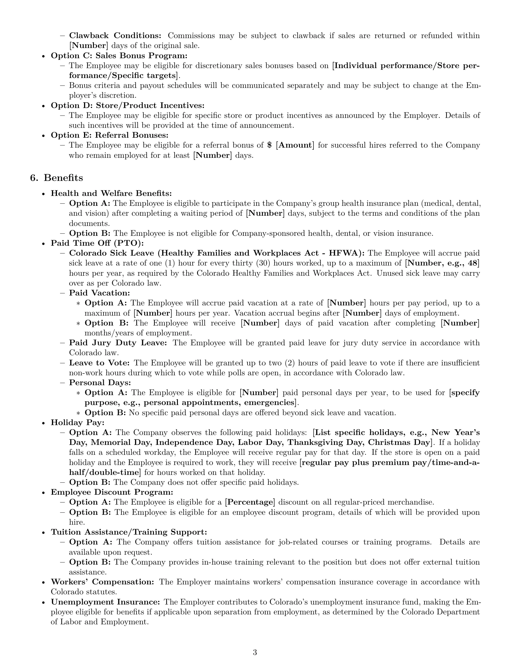 Preview page 3 of Pro Colorado retail sales associate employment contract template