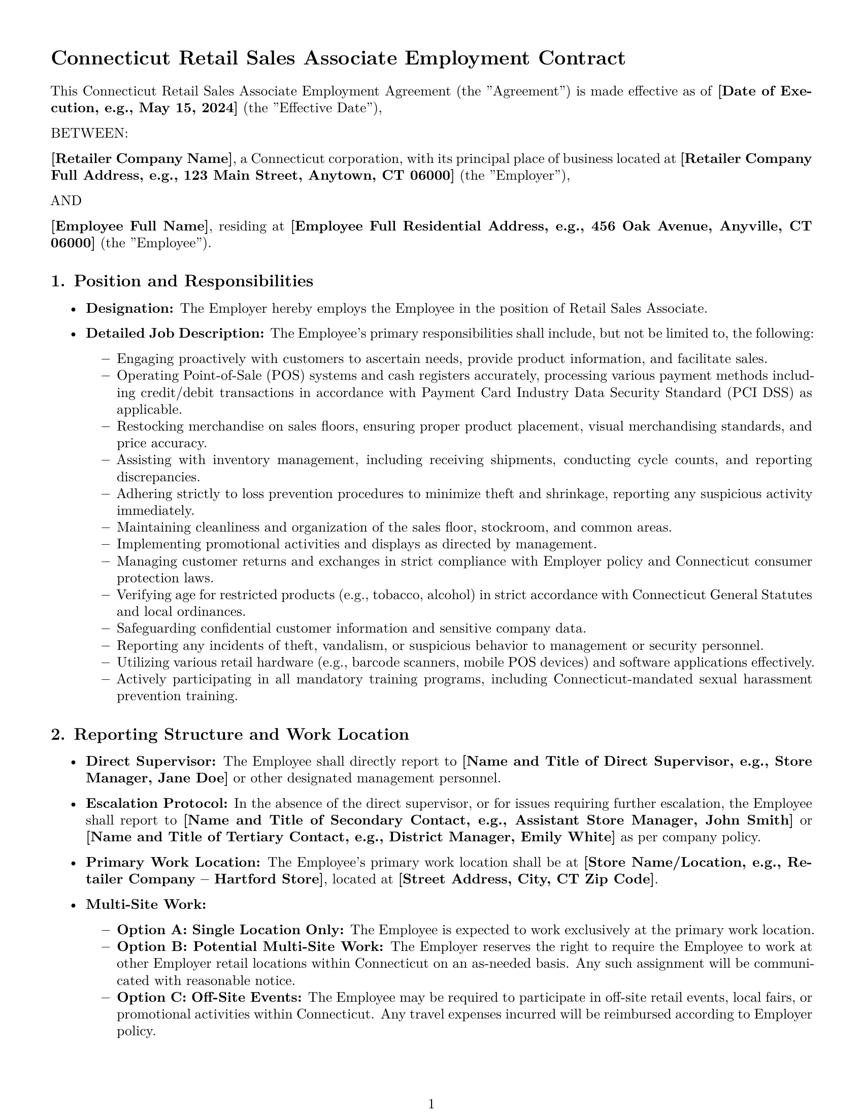 Preview page 1 of Pro Connecticut retail sales associate employment contract template