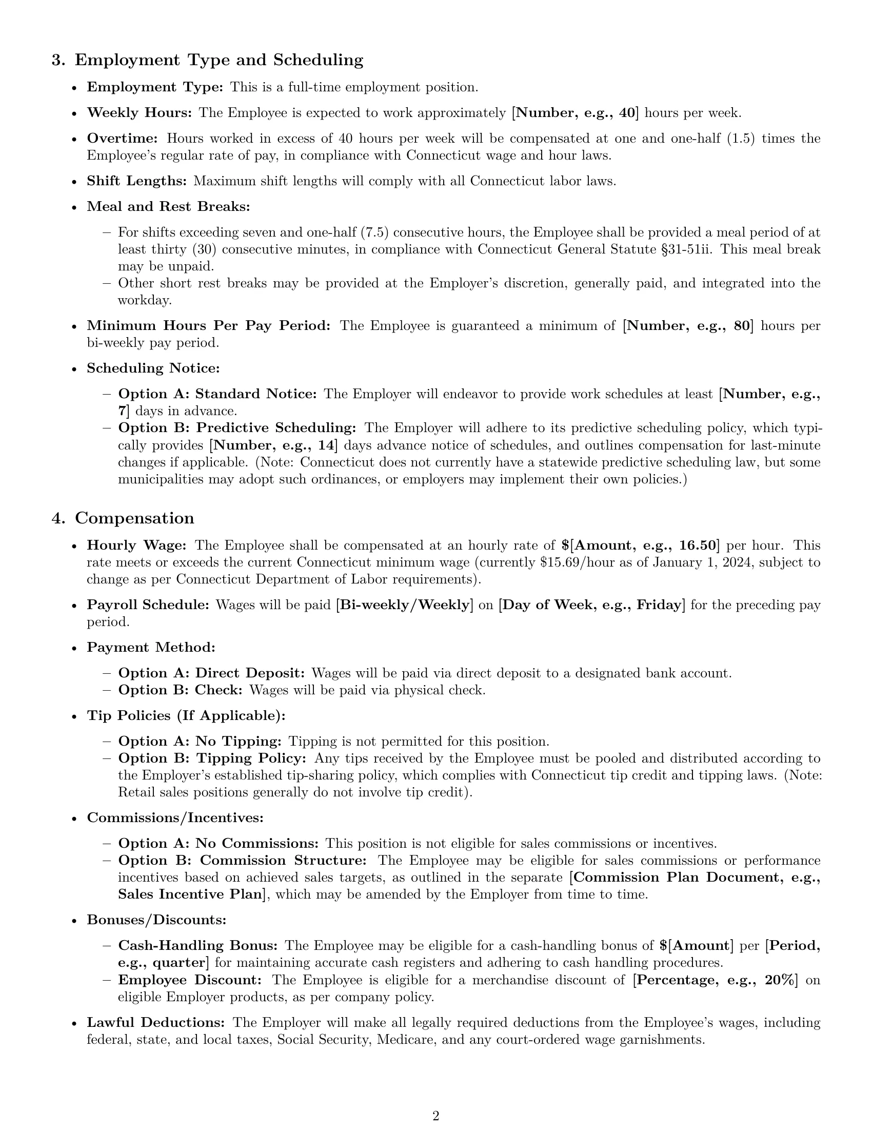 Preview page 2 of Pro Connecticut retail sales associate employment contract template