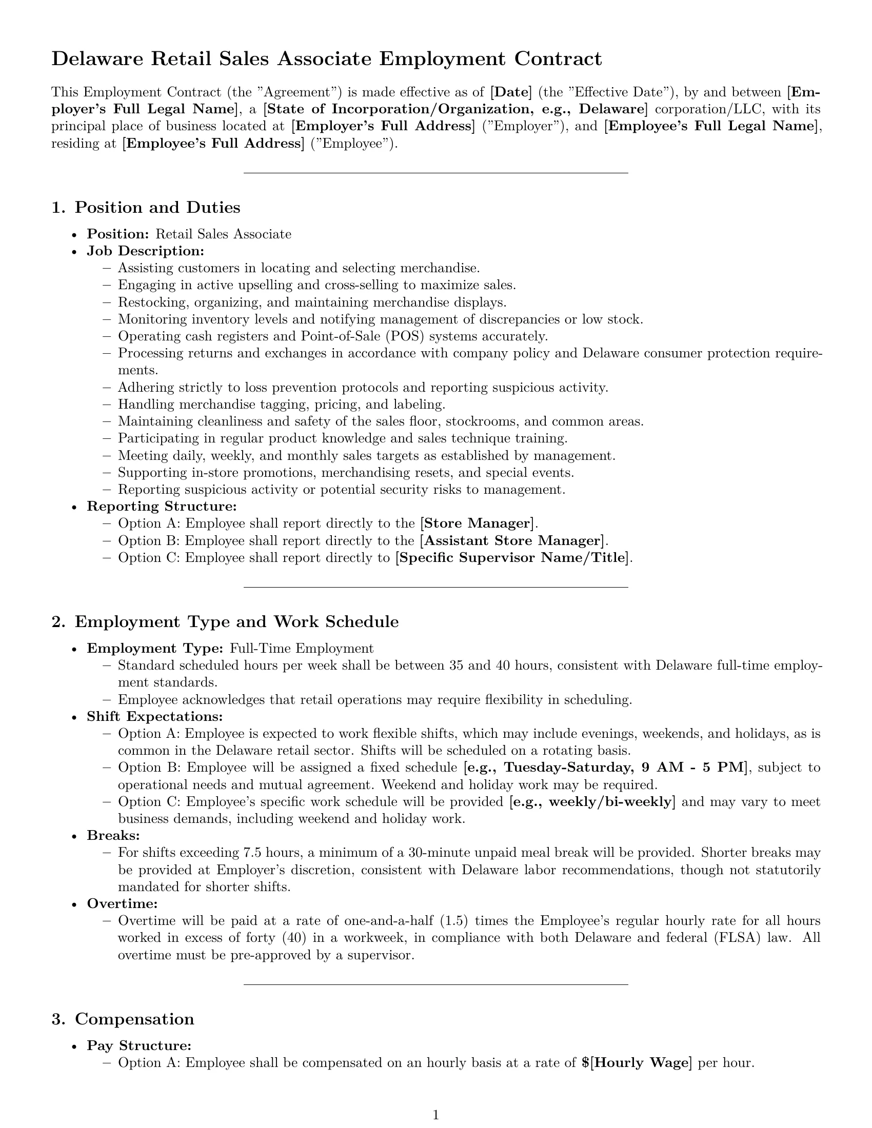 Preview page 1 of Pro Delaware retail sales associate employment contract template