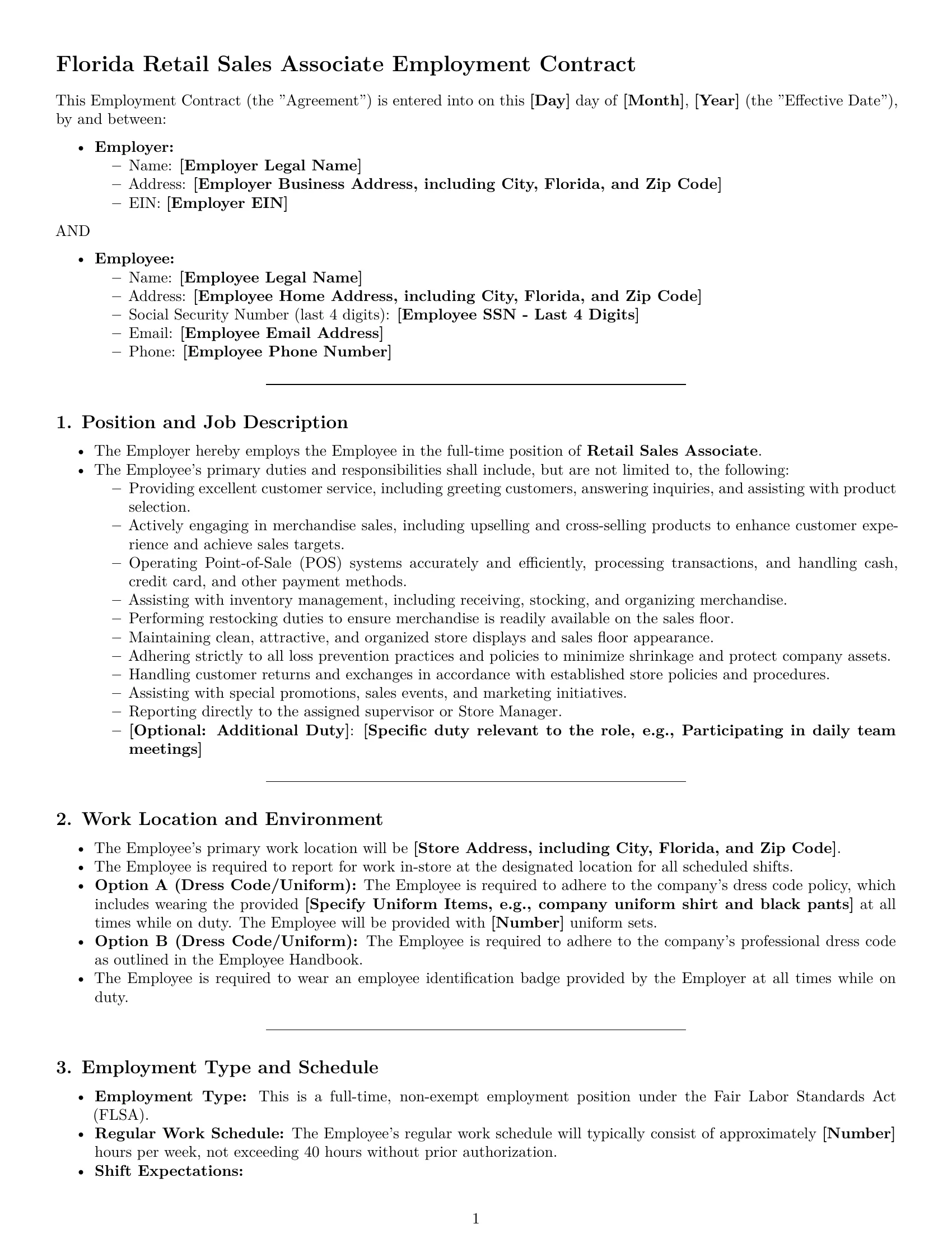 Preview page 1 of Pro Florida retail sales associate employment contract template