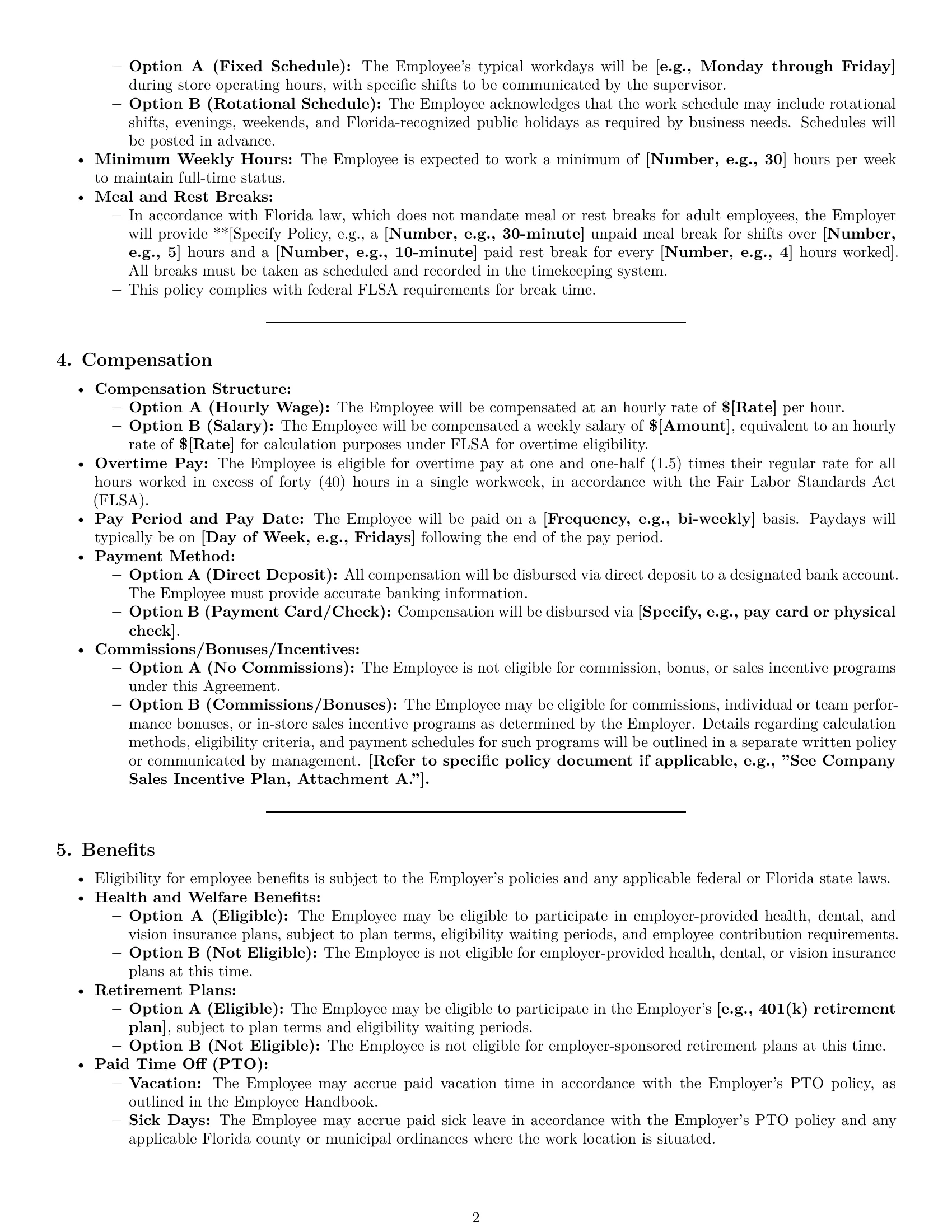 Preview page 2 of Pro Florida retail sales associate employment contract template
