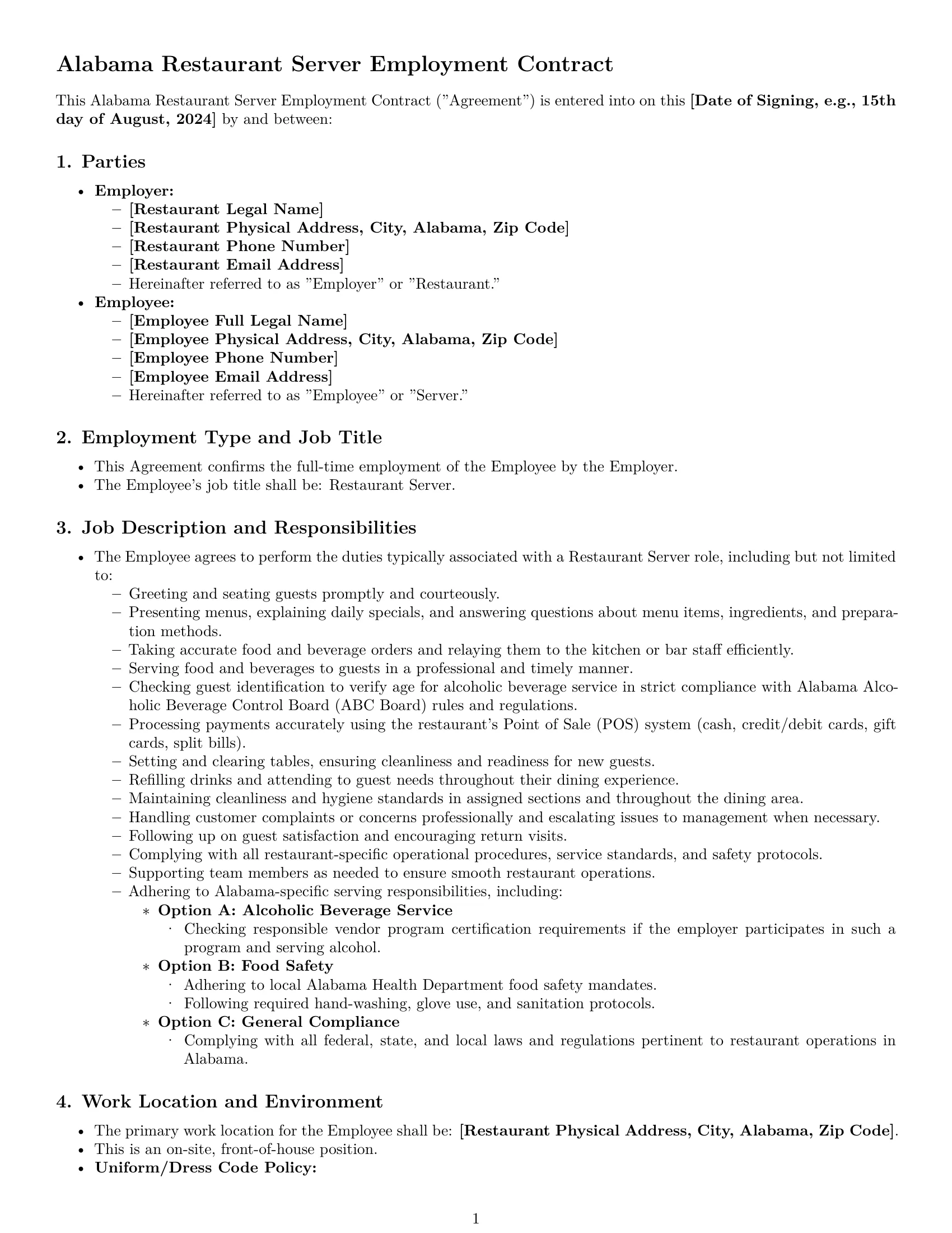 Preview page 1 of Pro Alabama restaurant server employment contract template